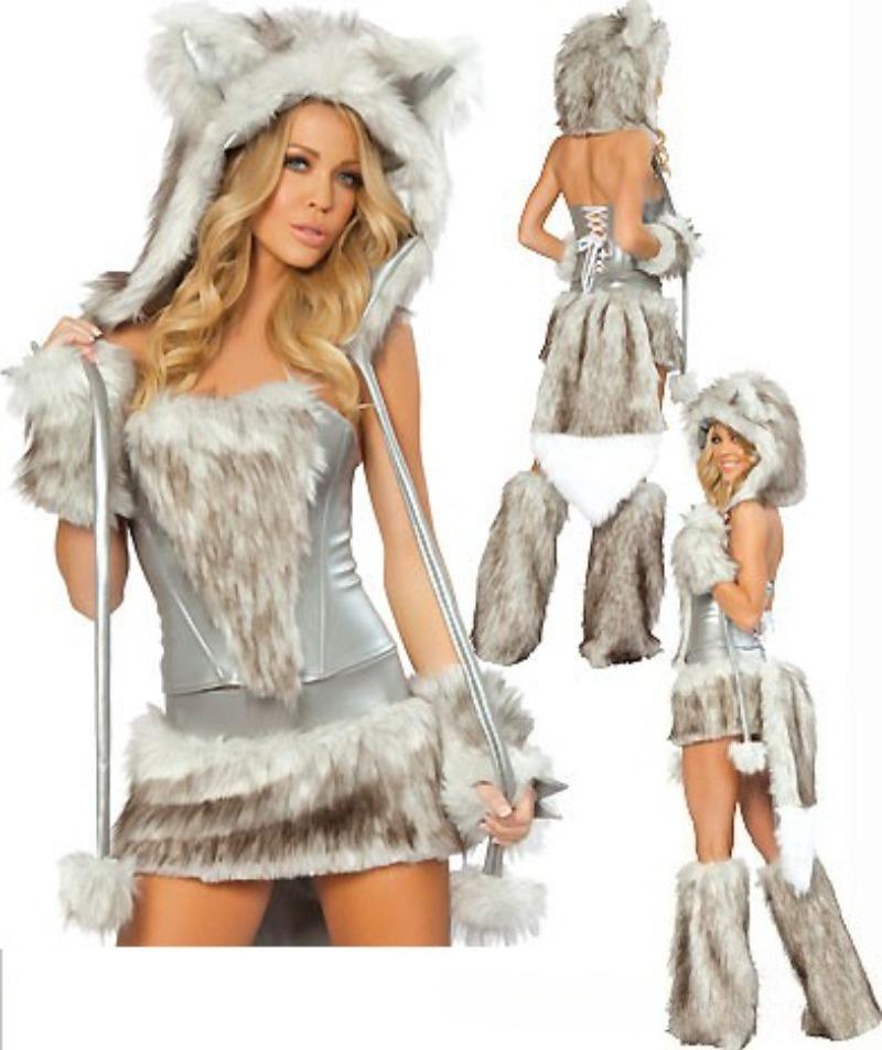 Woman Sexy Animals Costume Bunny White Leopard Fox Roleplay Outfit Hooded Dress with Tail Carnival Halloween Cosplay Party