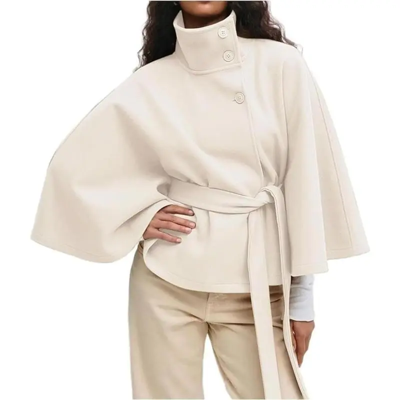 Women's Batwing Sleeve Poncho Coat Oversized Winter Pea Coat Stand Collar Cropped Cape Jacket with Belt