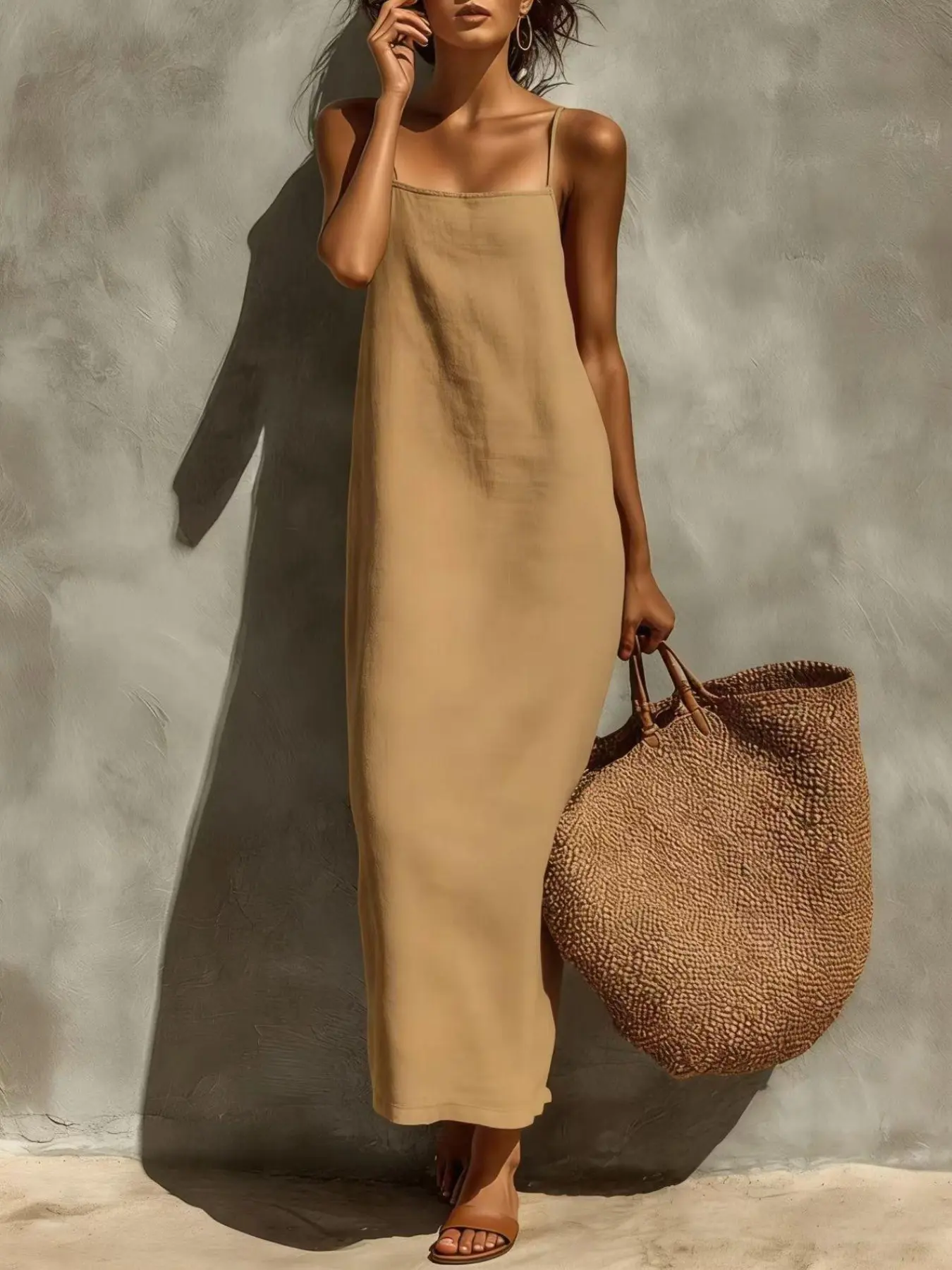 2026 New Summer Women's Classic Bohemian Spaghetti Strap Square Neck Solid Lightweight Casual Vacation Dress, Stylish and Comfortable Design for Warm Weather
