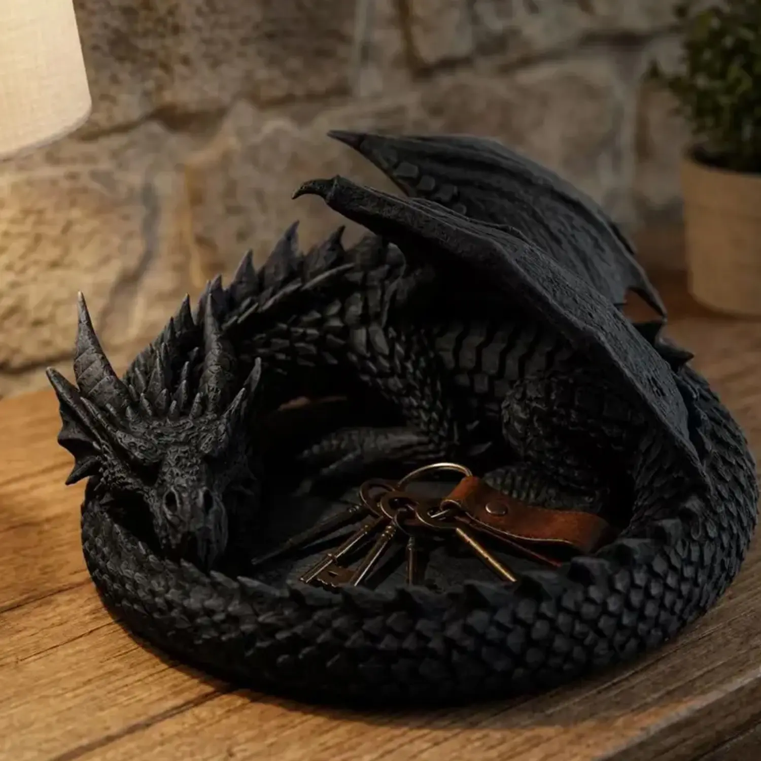 Vintage Black Dragon Guardian Desk Tray – 3D Printed Fantasy Jewelry & Key Holder Bowl, Gothic Dragon Decorative Storage Organizer, Decorative Piece for Entryway & Home Decor