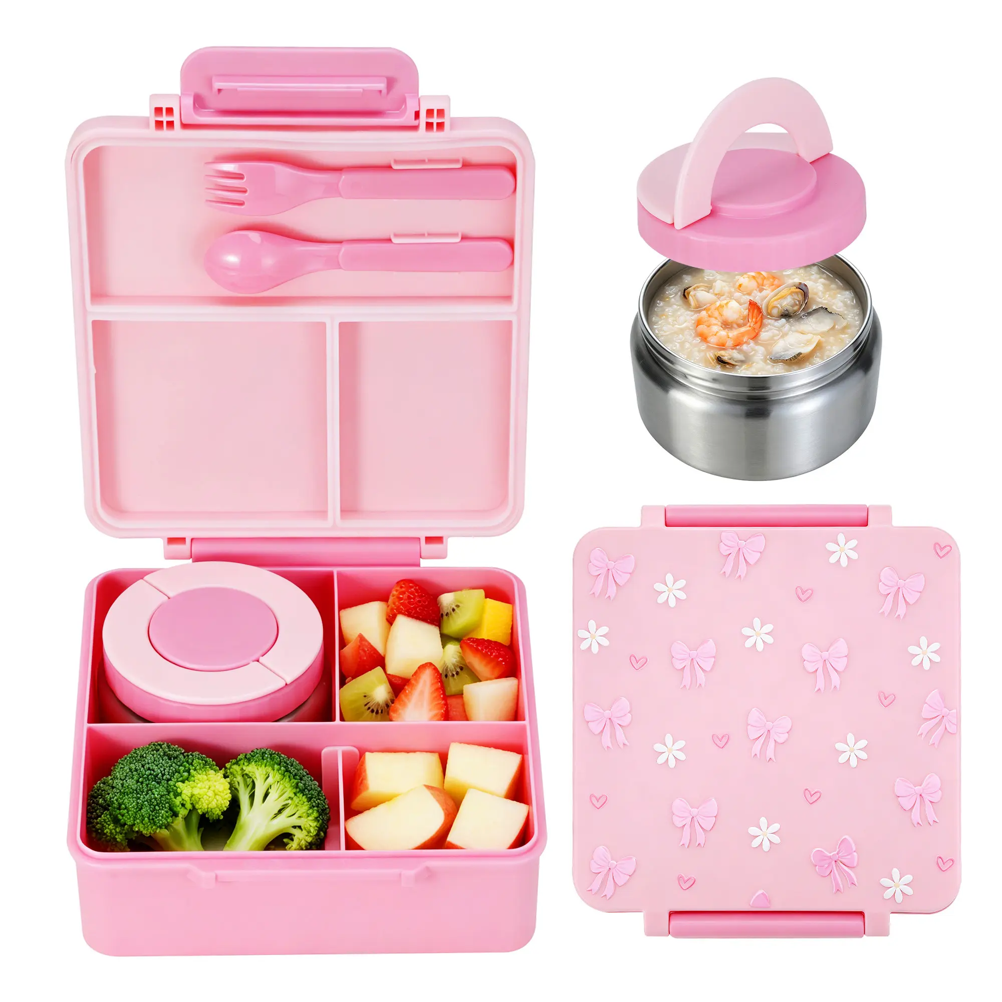 Cartoon Pattern Bento Box with Stainless Steel Soup Container, Microwave Safe, Portable Square Food Storage for Lunches and Travel, Personal Lunch Box