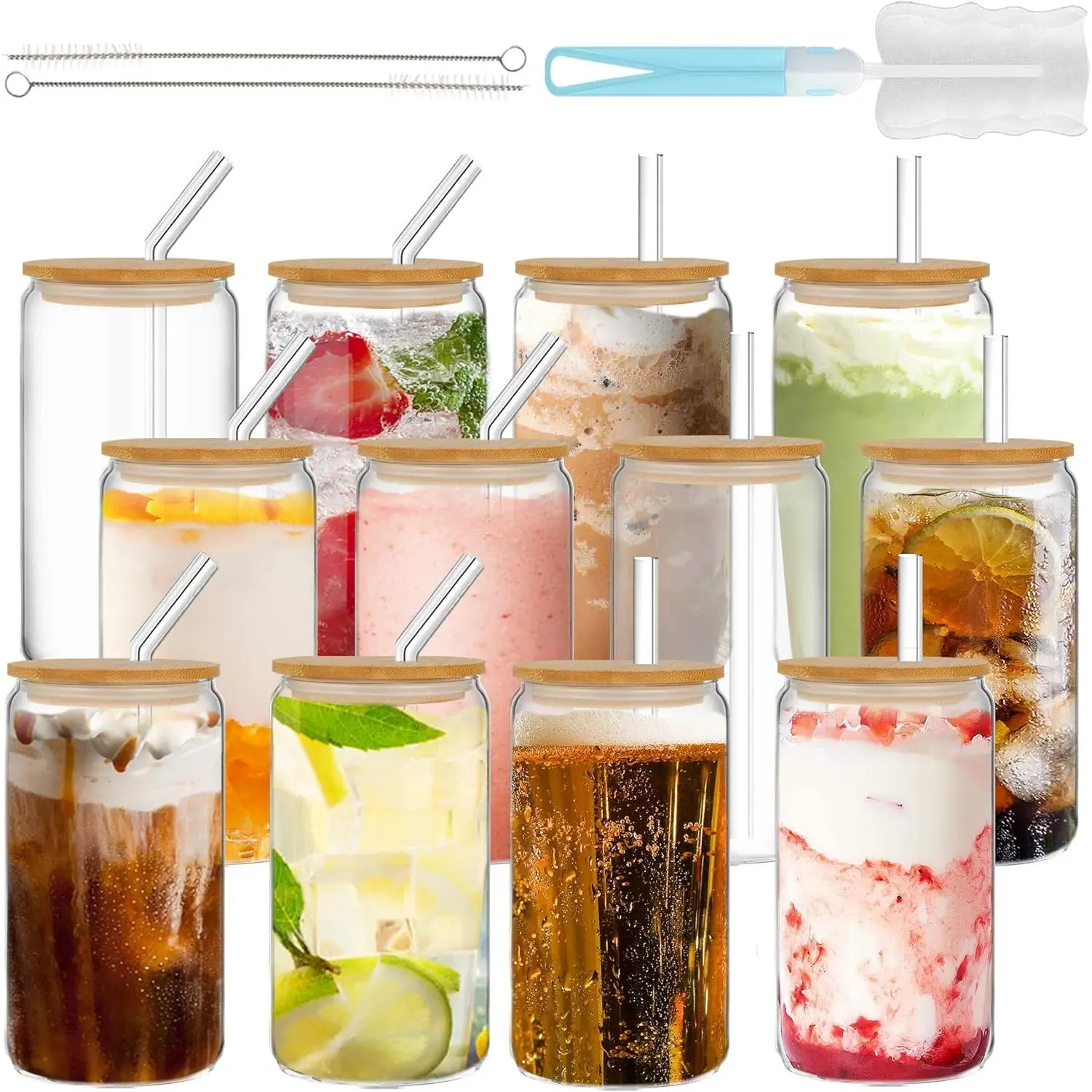 Drinking Glasses with Bamboo Lids and Straw-12pack 16oz Glass Cups with Lids and Straws,Iced Coffee Glasses,Cute Glass Tumblers for Soda,Coffee,Gifts