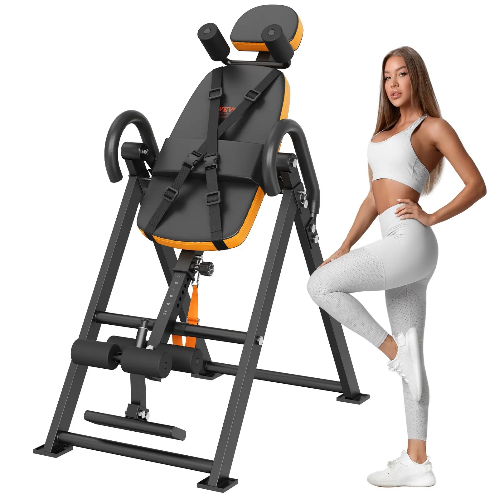 VEVOR Inversion Table, 300lbs Capacity Heavy Duty Decompression Back Stretcher, Strength Training Equipment with Headrest, Ankle Lock, Adjustable Protective Belt, Orange/Black