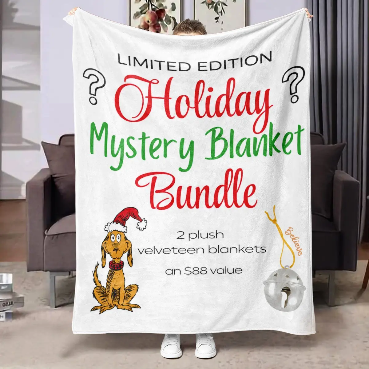 1pc Limited Edition Grinch Max Dog Christmas Mystery Blanket Bundle Fleece Blanket, Xmas red & green holiday script font, Max the dog with Santa hat, Believe jingle bell ornament, vintage American cartoon Christmas design, includes 2 plush velveteen throw
