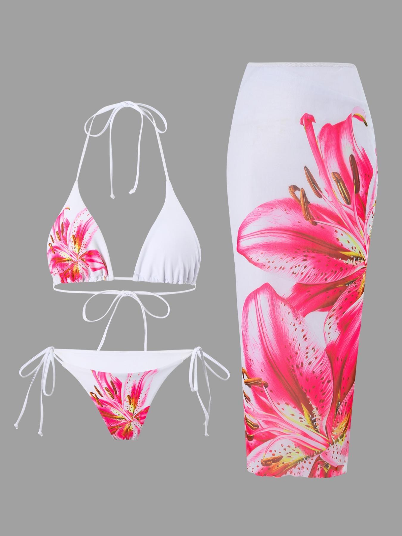 Women's Floral Print Halter Bikini Set, Tie Back Swim Bra & Tie Side Swim Panty & Cover Up Skirt Set, Swimming Swimwear Set for Beach Holiday Vacation, Y2k Bathing Suit, Floral Print Swimsuits, Summer Swimsuit Set