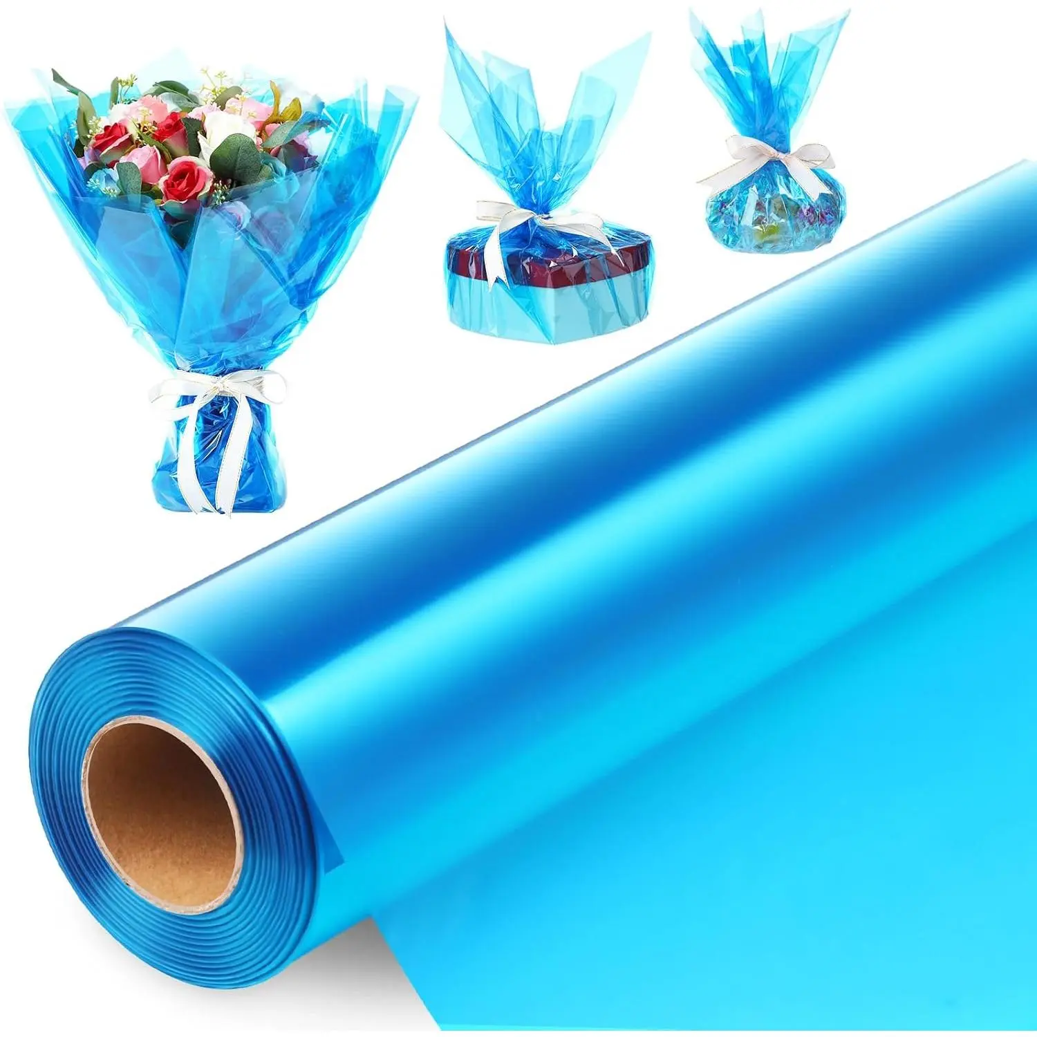 Blue Cellophane Roll 32 in x 200 ft Valentine Cellophane Wrap for Gift Baskets Colored Transparent Wrapping Paper for Flower DIY Bouquet Candies Wedding Decoration