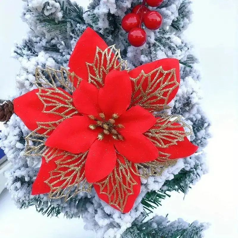 Champagne Gold Glitter Poinsettia Christmas Decorations for Holiday Tree Decor, Elegant Artificial Floral Arrangement with Sparkling Berry Picks for Winter Wedding Fireplace Table Centerpiece and Seasonal Home Styling