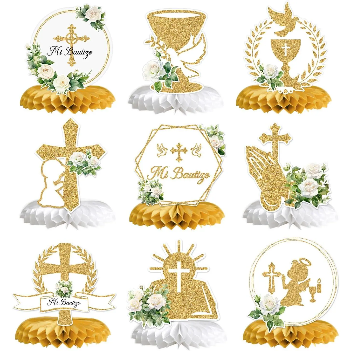 Mi Bautizo Honeycomb Centerpieces, Baptism Party Decor, First Communion Table Decorations, Christening Table Centerpieces, Shower 1st Birthday Party Decorations, 9PCS