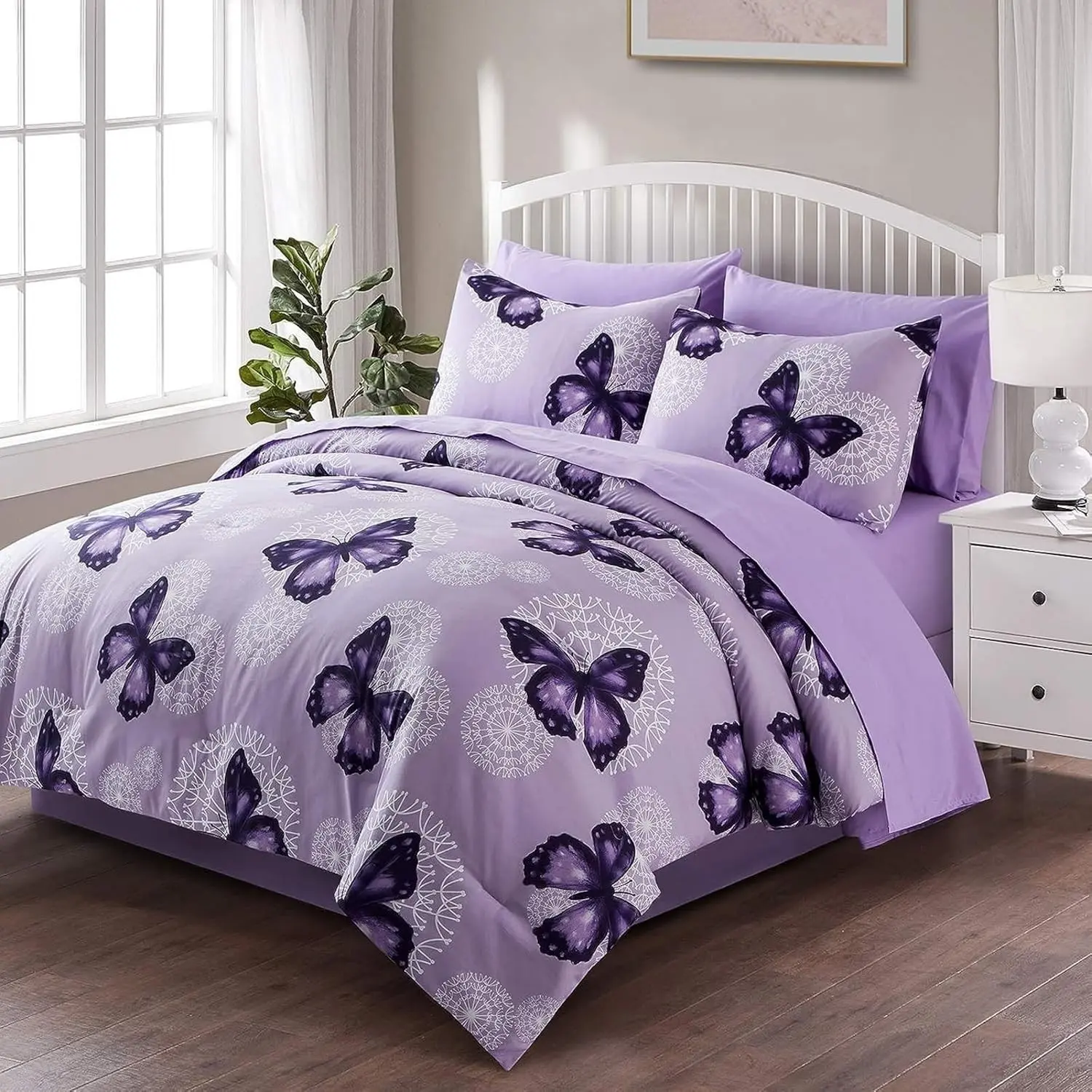 Bed in A Bag Full/Queen Size 8 Pieces, Purple Butterfly All Season Bedding Comforter Bed Set with Pillow Shams, Flat Sheet, Fitted Sheet, Bed Skirt, Pillowcases