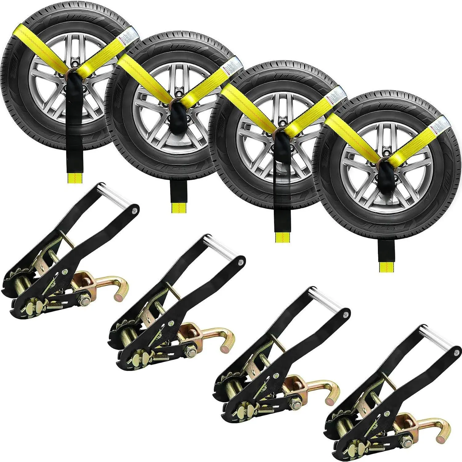 4 Pack  Tie Down Straps for  2" x 96" - 9900LBS Break Strength - Tire Ratchet Straps with J Finger Hooks for Hauling UTV, SUV, , Any