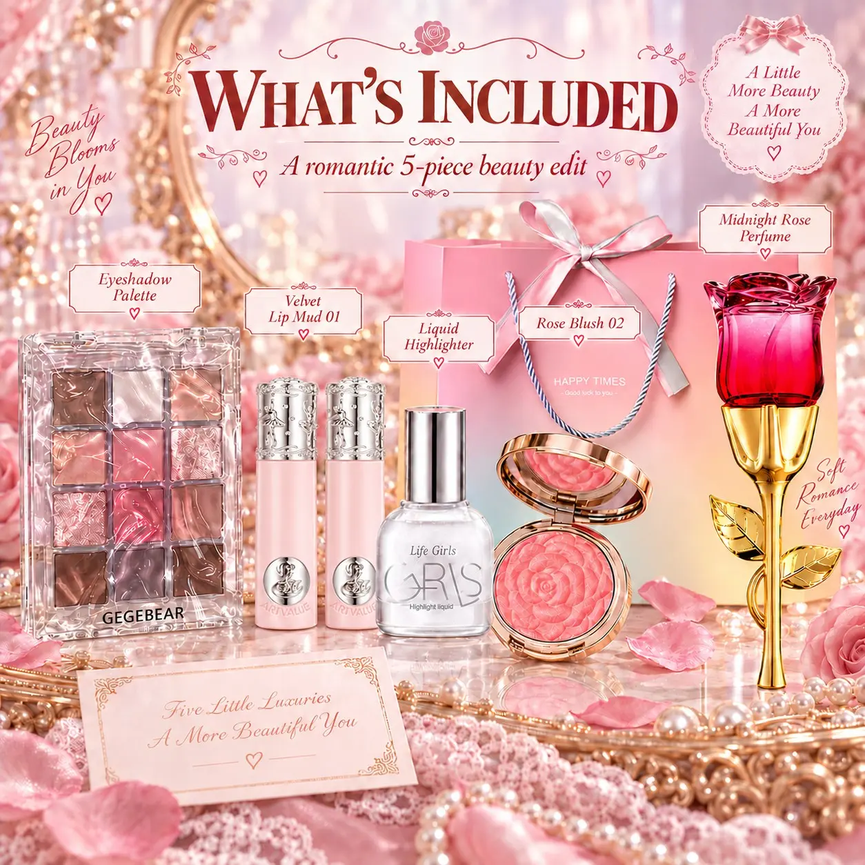 Holiday Gift Charming Makeup & Perfume Set – Lip Gloss, Blush, Highlighter, Eyeshadow & Fragrance, Perfect Gift for Her