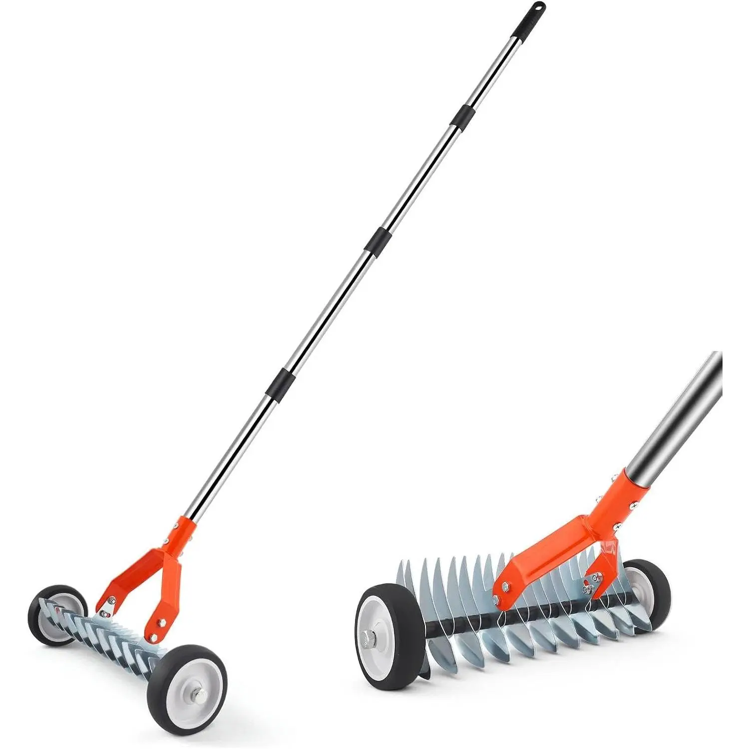 Thatch Rake with Wheels, 37-65.35'' Adjustable Dethatching Roller Rake Adjustable 0-12° Angle Stainless Steel  Heavy Duty Manual Dethatcher , Lawn Thatcher Rakes for Moss, Grass, Leaves, Debris