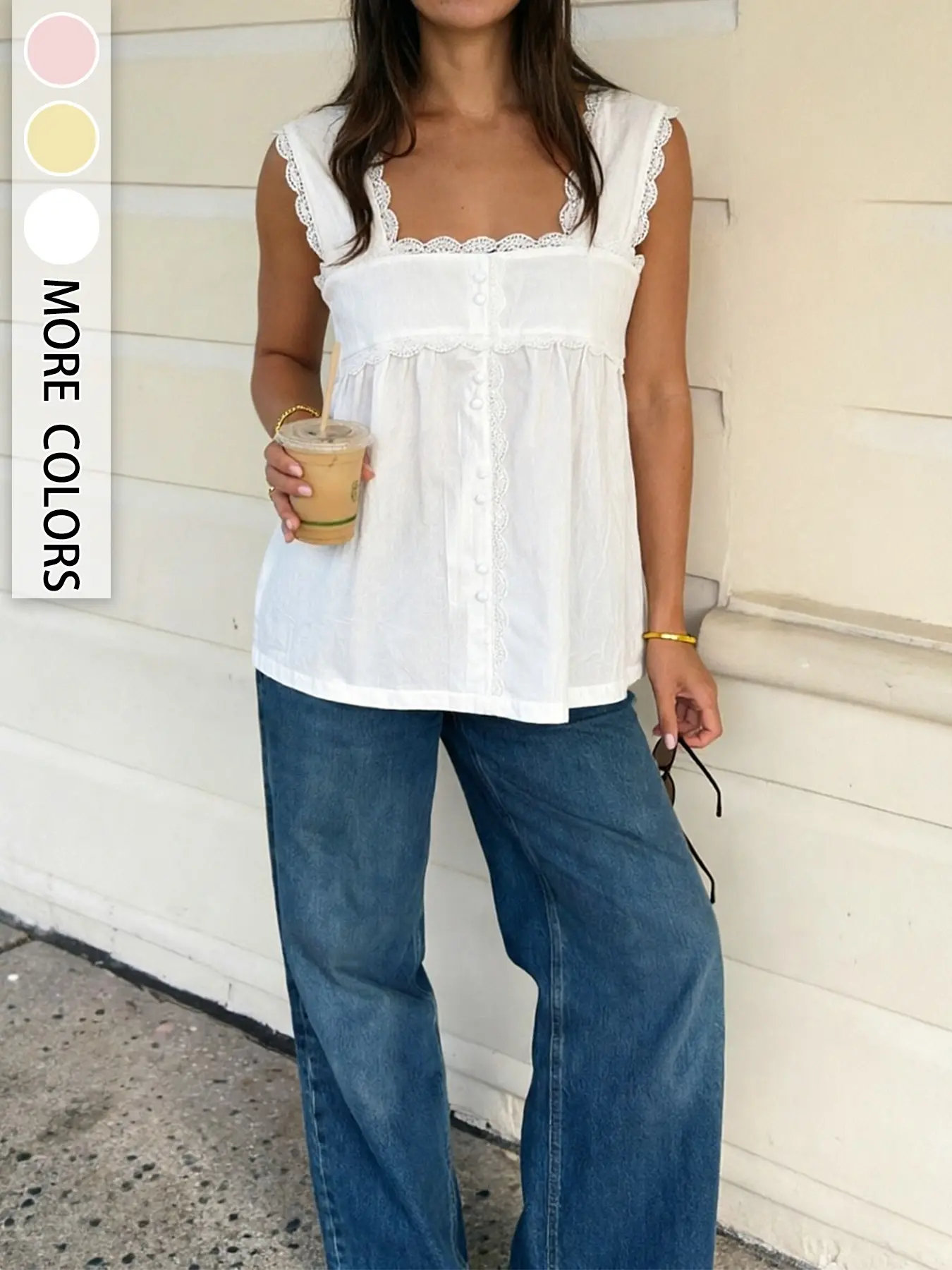 French Sweet Lace Trim Square Neck Sleeveless Top, Casual Loose Fit Slimming Camisole Vest, Women's Student Party Daily Wear