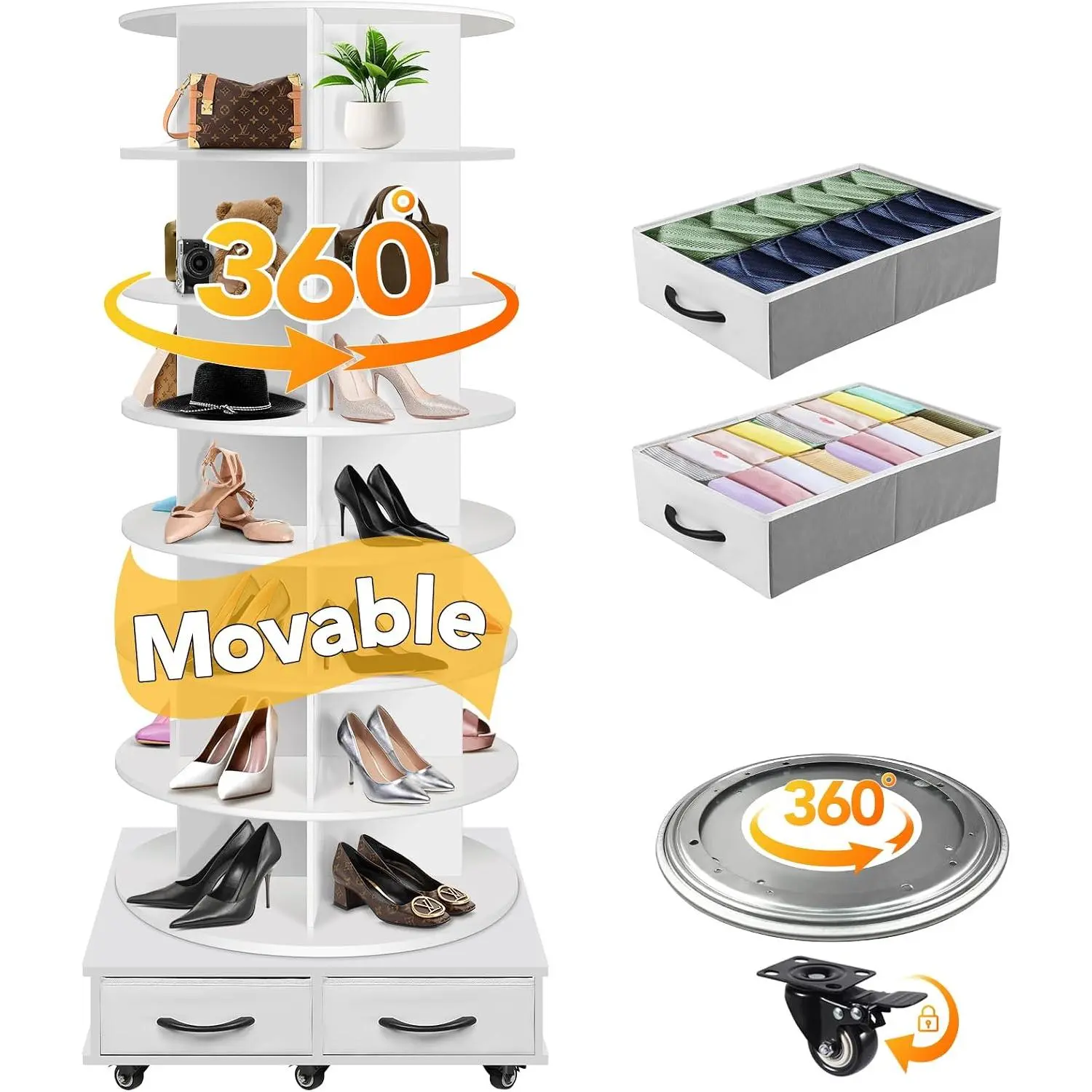 8 Tier Rotating Shoe Rack Tower contains 2 drawers, Spinning Shoe Rack Display Lazy Susan, Revolving 360 Shoe Racks Storage Round Carousel, Equipped with 5  Wheels with  Function