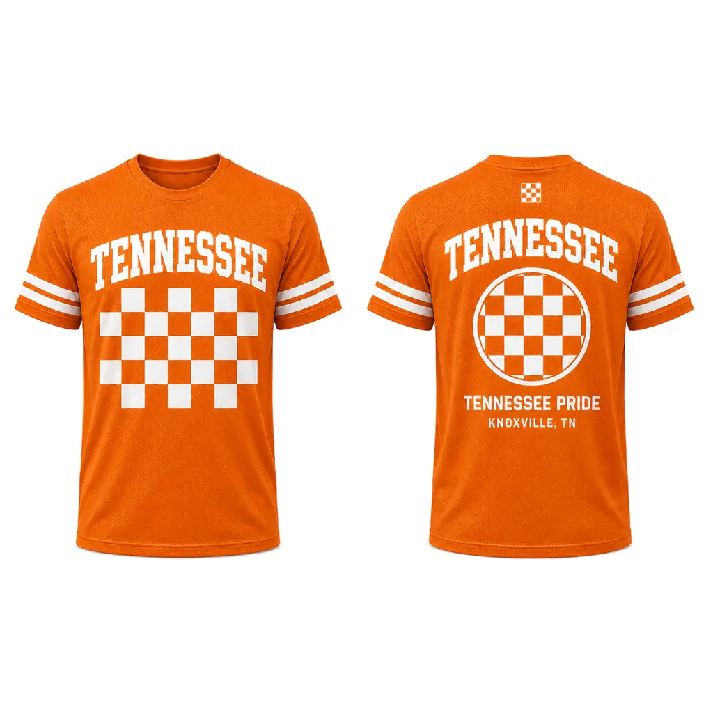 Tennessee Orange American Football Fan Crew Neck Jersey - Twill Fabric Short Sleeve Tops, Checkerboard Graphic, Front/Back Print, Multi-Size