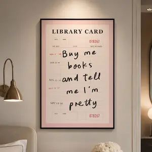 "Buy Me Books and Tell Me I'm Pretty" Pink Library Card Wall Art, Waterproof Bookish Decor for Bedroom, Kitchen, Vintage Book Lover Poster Print, Reading Nook Decor, Book Lover Gift, Literary Wall Art, Aesthetic Room Decor, Home Decor