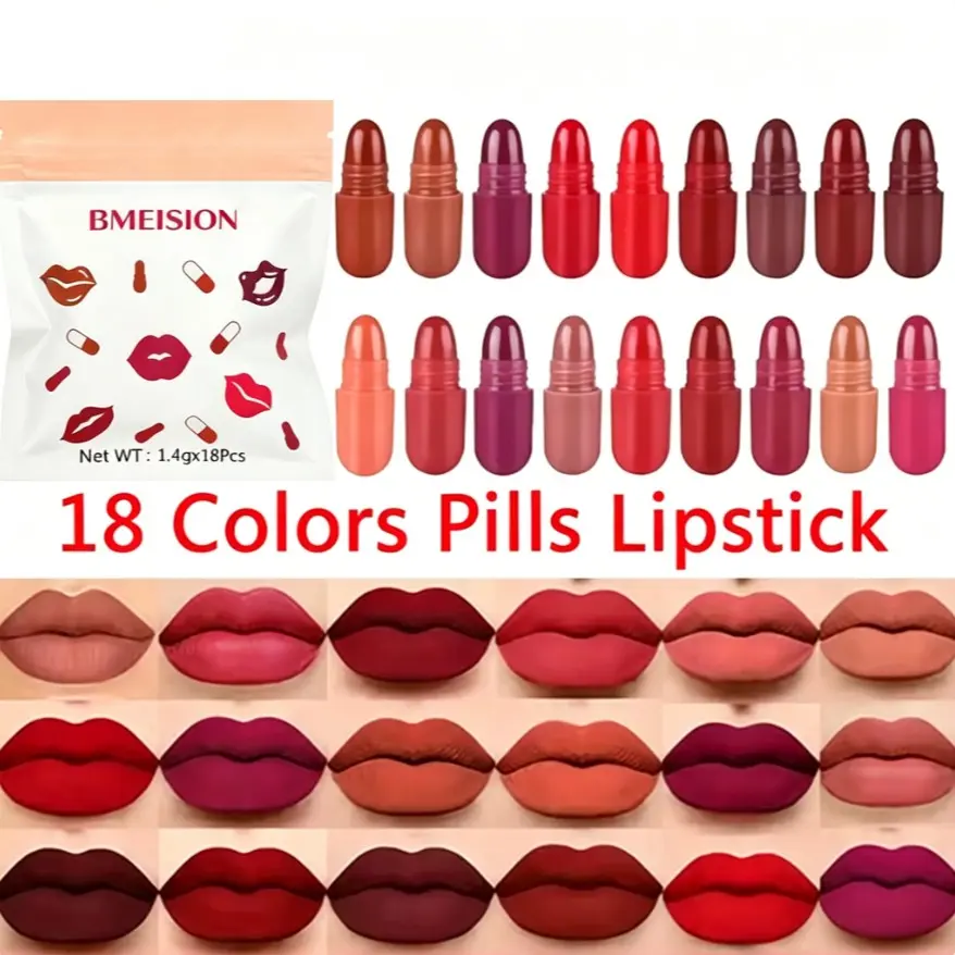 18 Color Lip Glaze Stick Capsule Set, Natural Shades for Various Makeup Looks, Mini Portable Long-Lasting No Smudge, Perfect Lip Color, Lipstick