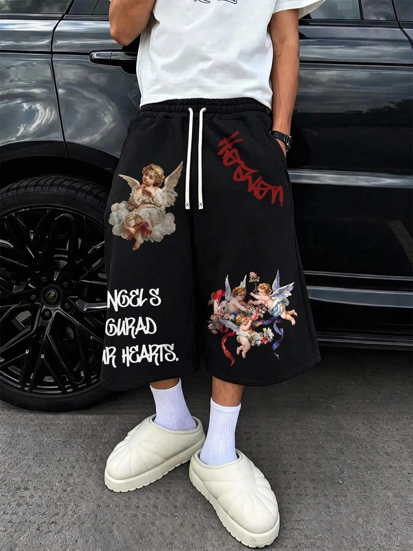 Y2K Casual Wide Leg Cropped Capri Sweat Pants for Men, Solid Black Elastic Waist White Drawstring Calf-Length Trousers with Retro Cupid Angel & "Angels Guard Our Hearts" Graffiti Letter Print, Soft Breathable Terry Fabric, Versatile Street Bottoms for Dai
