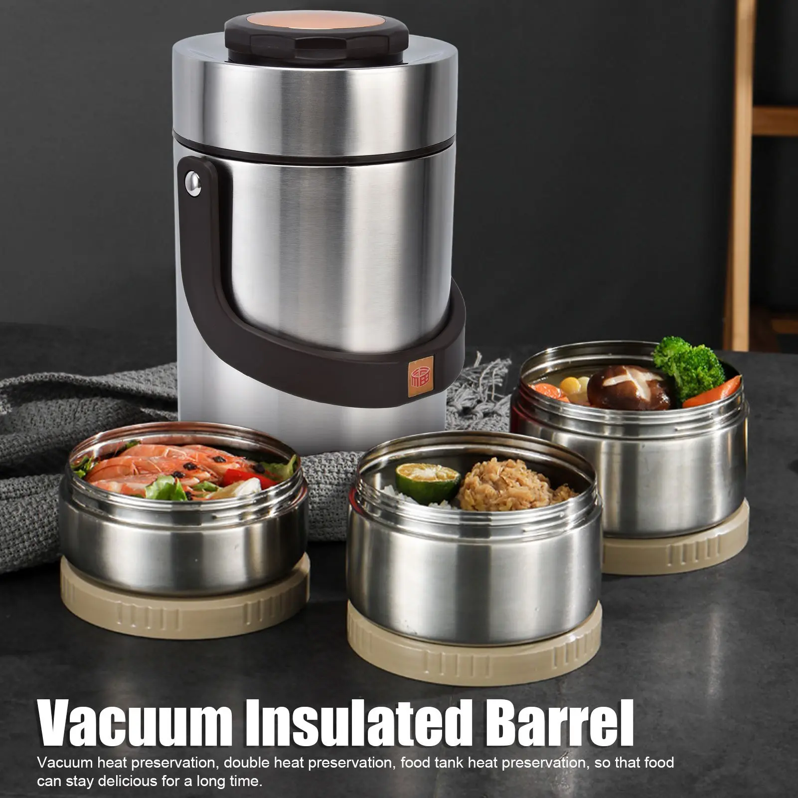 2L Stainless Steel Insulated Lunch Box Set, Includes 3 Thermal Containers & 1 Bucket, Leak-Proof Reusable Food Storage