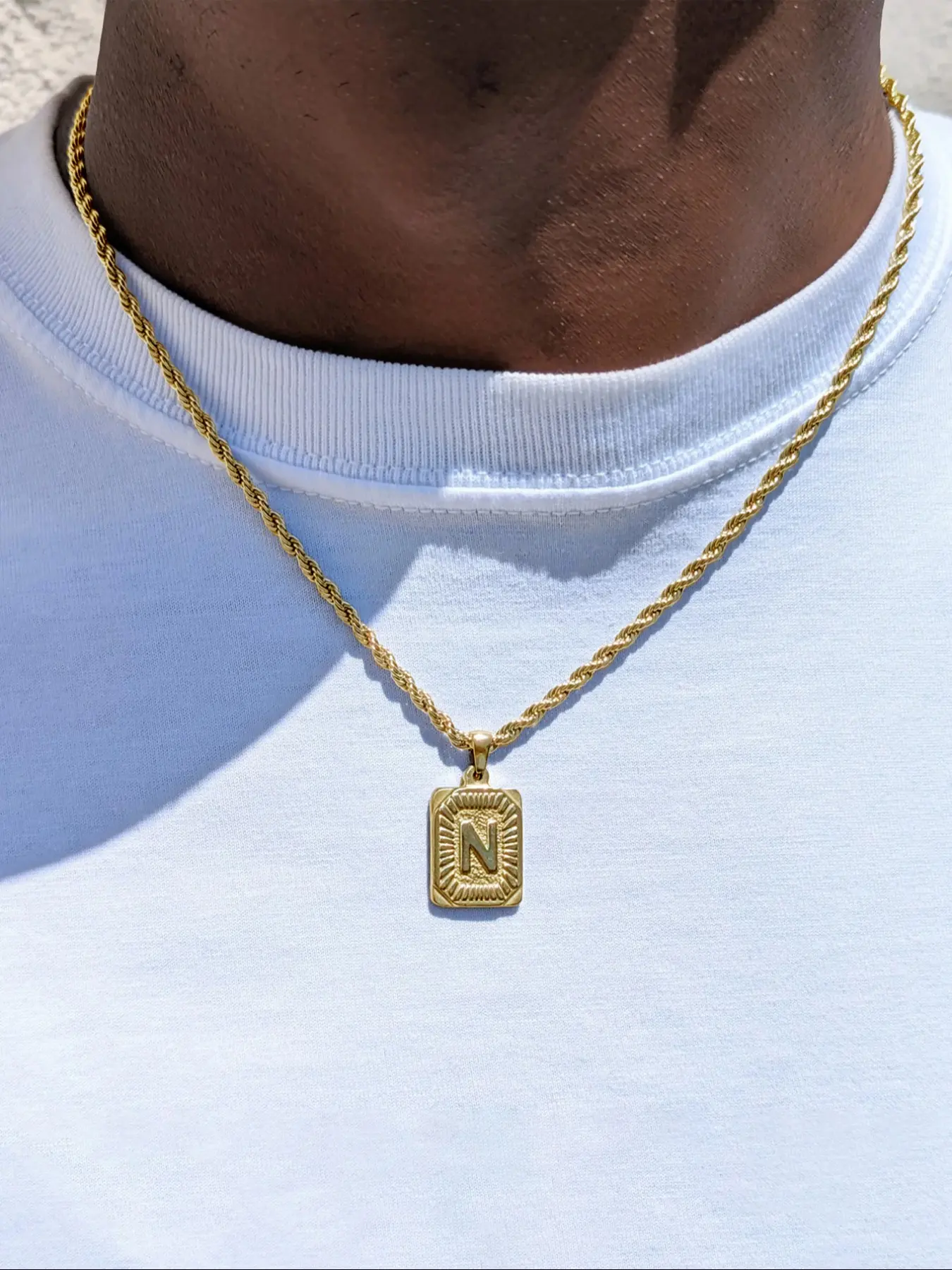 Men's Stainless Steel Necklace with Square Pendant and Initial Letter, Personalized A-Z Design, Rope Chain Jewelry, Fashion Accessory, Necklace with Initials