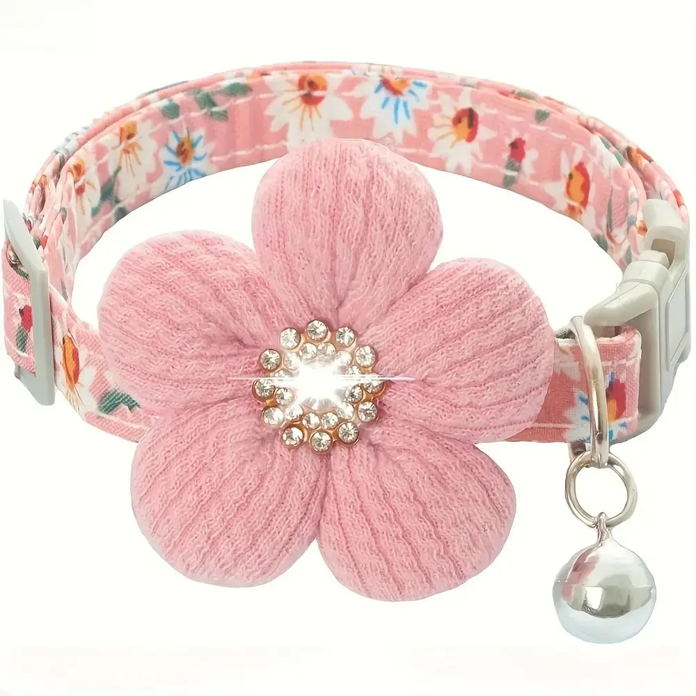 4pc Floral Polyester Pet Collars, Cute Adjustable Set with 3D Flower Charms and Detachable Bells for Small Dogs and Cats