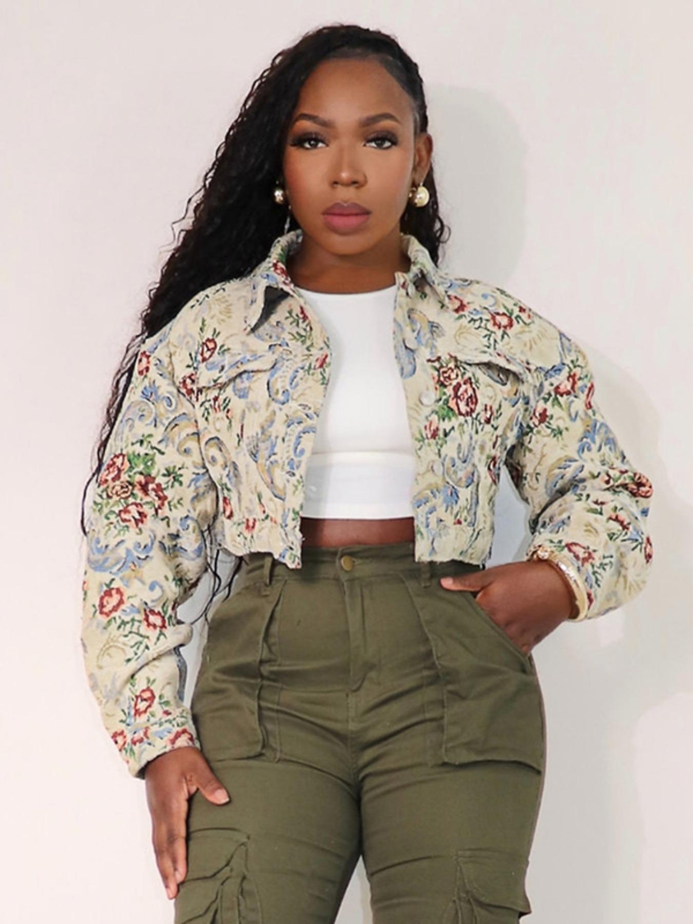 Women's Floral Print Button Front Crop Jacket, Casual Long Sleeve Collared Outerwear for Fall & Winter, Ladies Clothes for Daily Wear