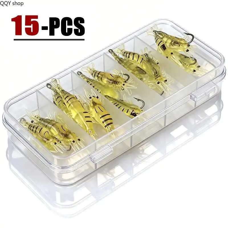 15-Pack Soft Yet Durable Artificial Fishing Lures, 1.5in Lifelike Grass Shrimp Baits for Freshwater Fishing Accessories, Beginner-Friendly Easy Hooking Design, Realistic Swimming Action for Bass, Rivers & Lakes