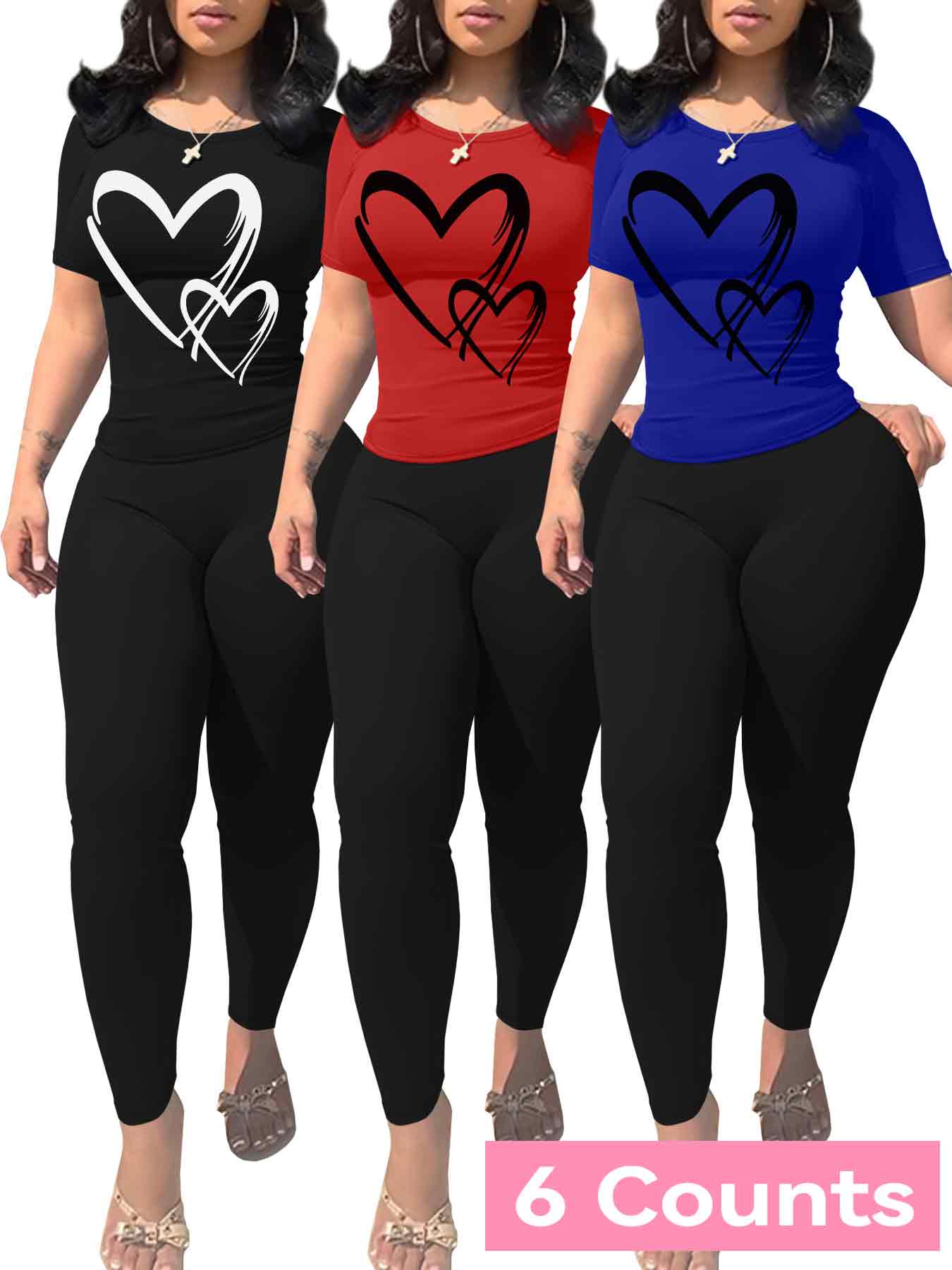 Women's Heart Print Crop Tee & Skinny Pants Set, Casual Short Sleeve T-shirt & Leggings, Ladies Summer Everyday Clothes for Daily Wear, Fit, Womenswear, Polish