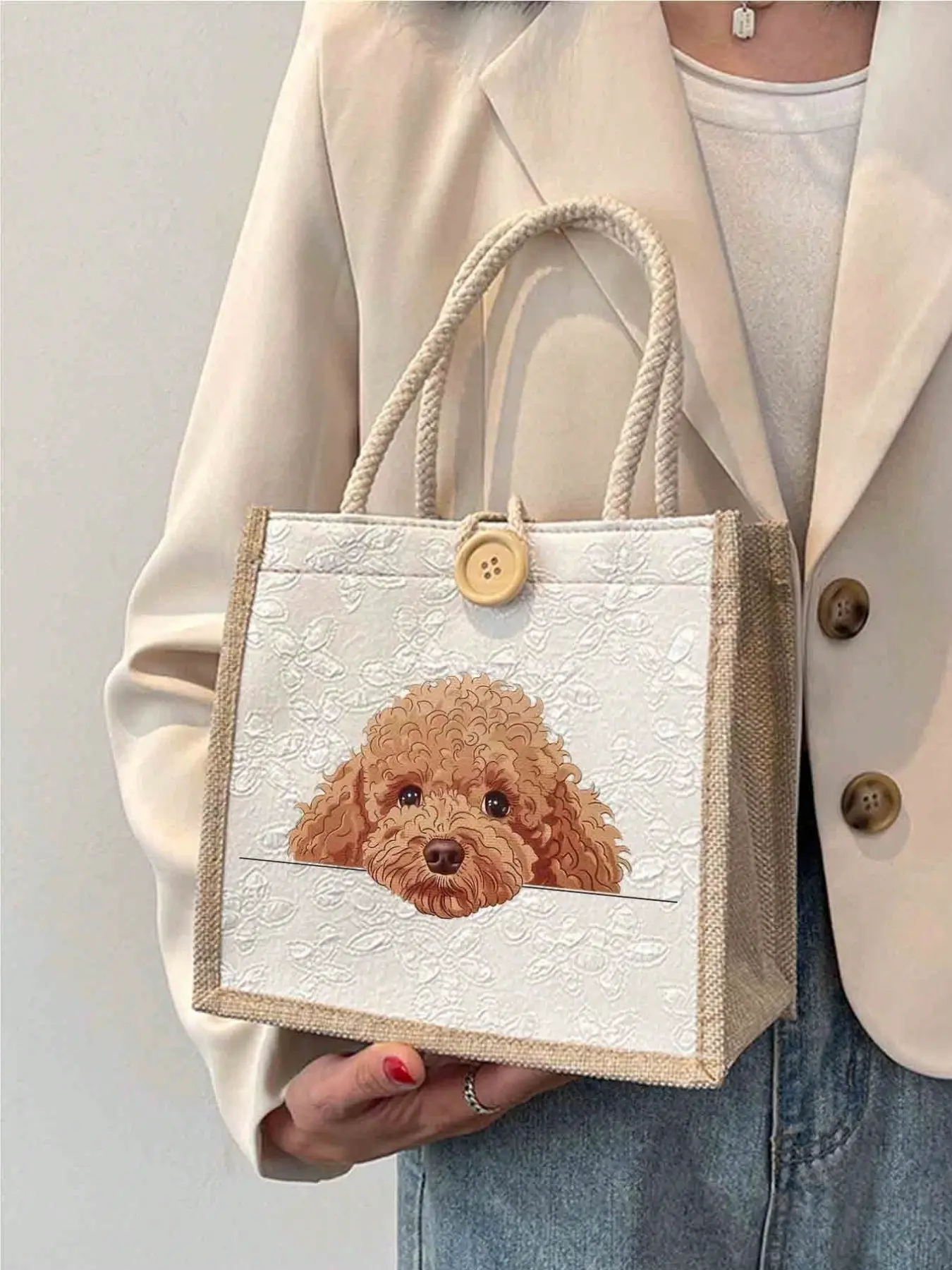 Fashionable Poodle Print Linen Handbag, Reusable Women's Shoulder Bag, Large Capacity Shopping Backpack, Perfect Gift for Teachers and Friends