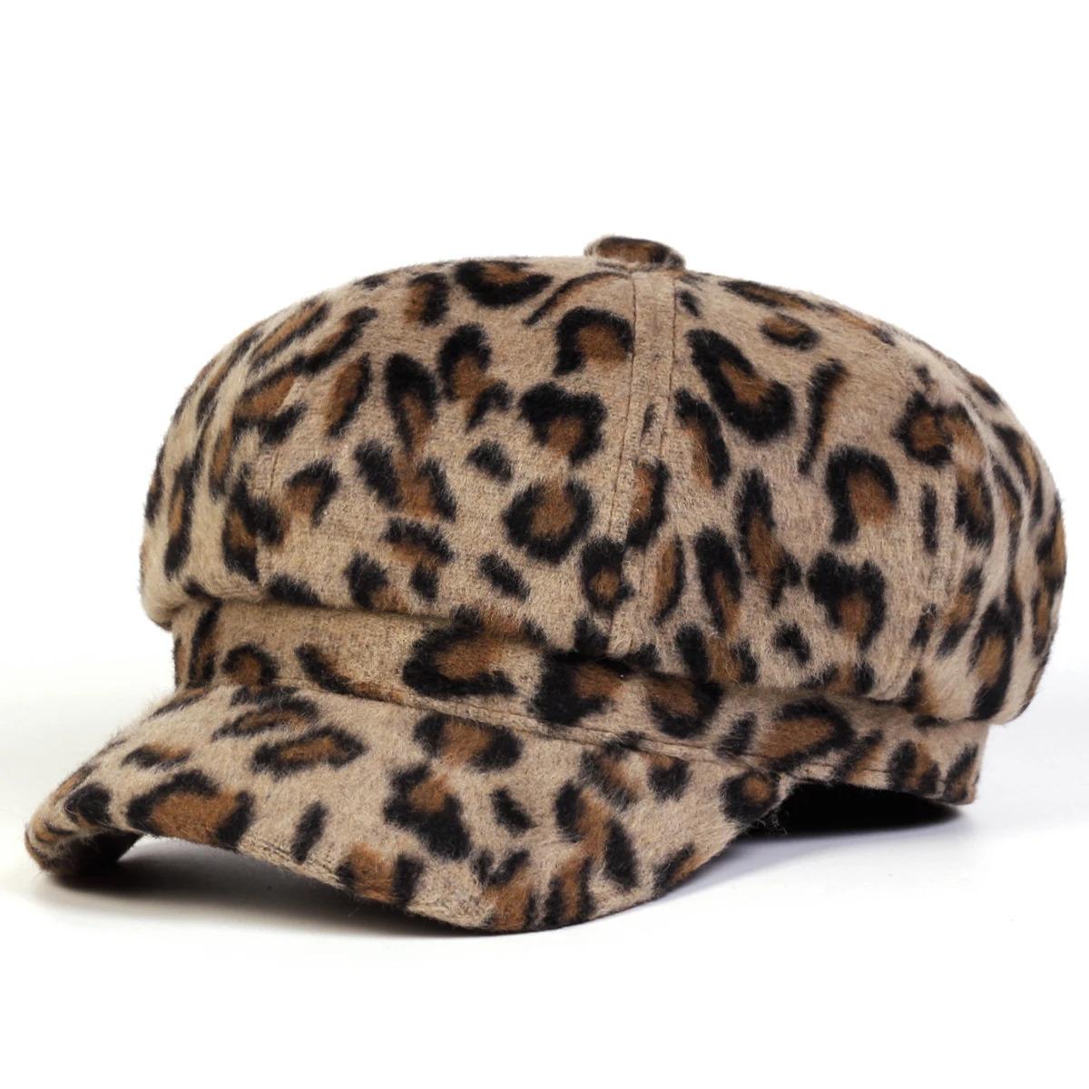 Unisex Plush Leopard Print Personality Newsboy Hat Spring Autumn Retro Beret Hats Wild Casual Hats Octagonal Cap