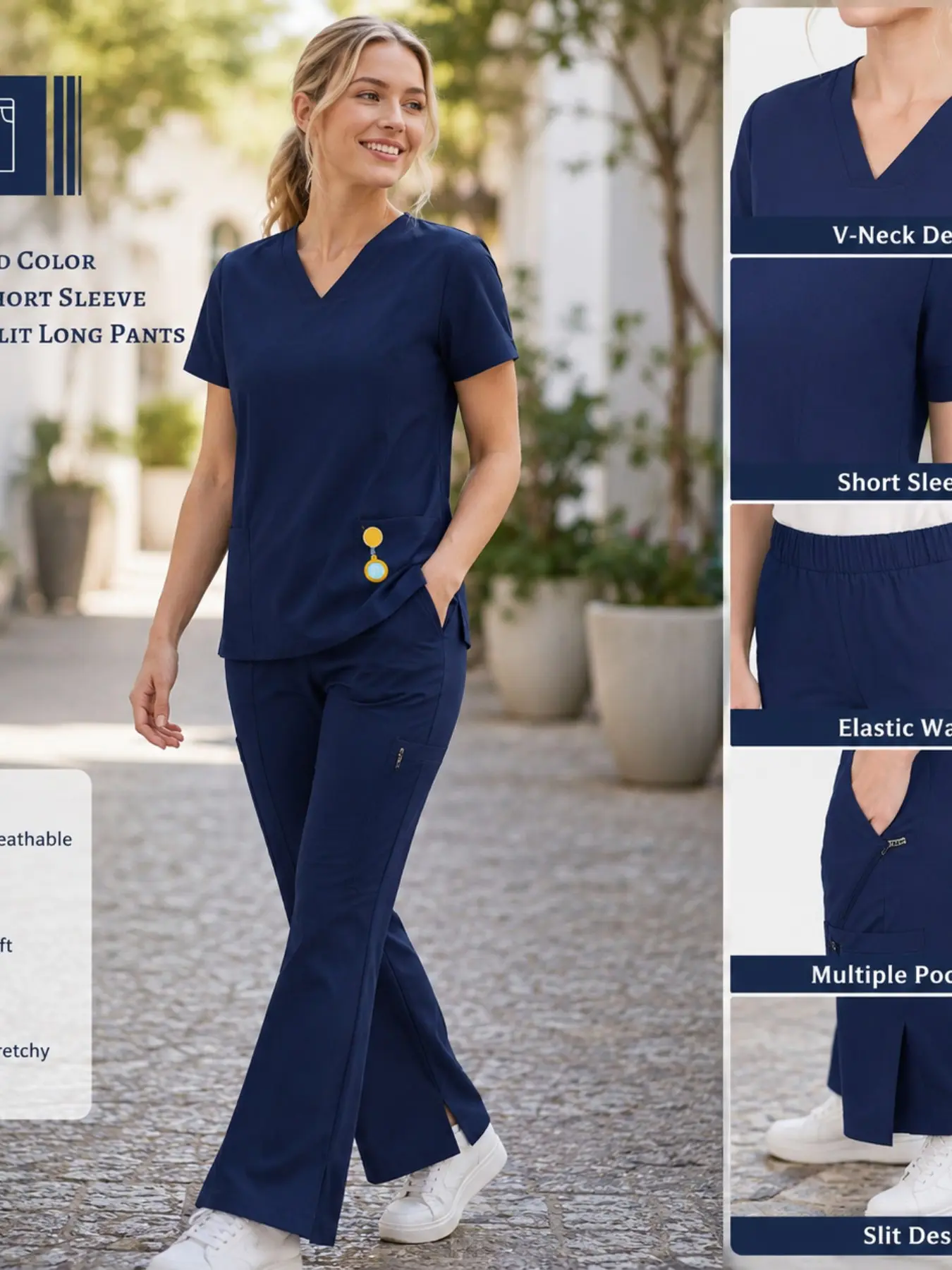 Women's V-Neck Scrub Set 2 Piece Nurse Uniform Medical Surgery Workwear with Large Pockets Elastic Waist Slit Hem Pants Comfortable Stretch Scrubs