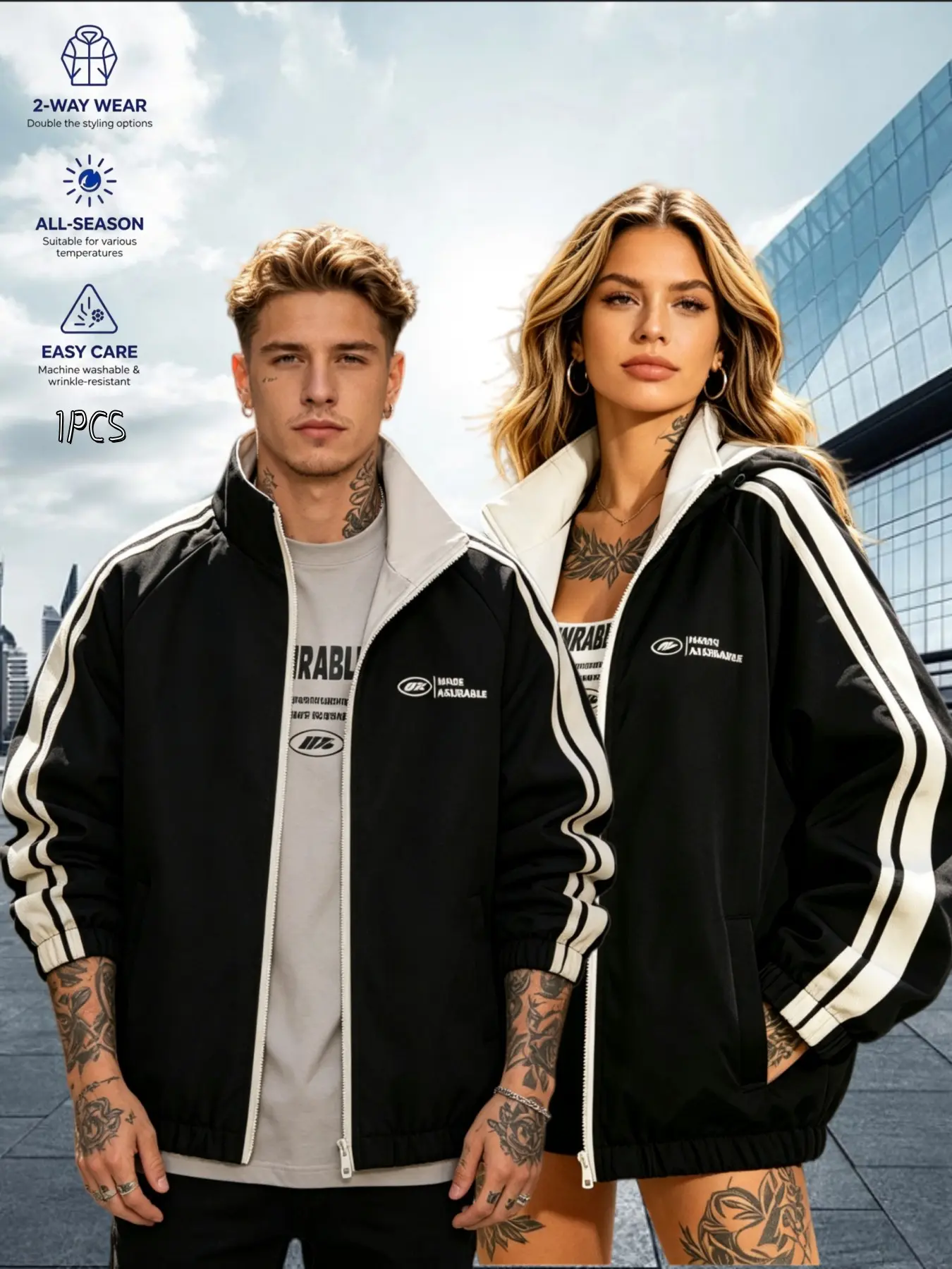 Double-sided zip-up sports jackets for couples, Track jacket, unisex loose stand-collar reversible outerwear with ribbed cuffs, wind-resistant and wrinkle-free casual tops suitable for all seasons, street style, trips and daily commut