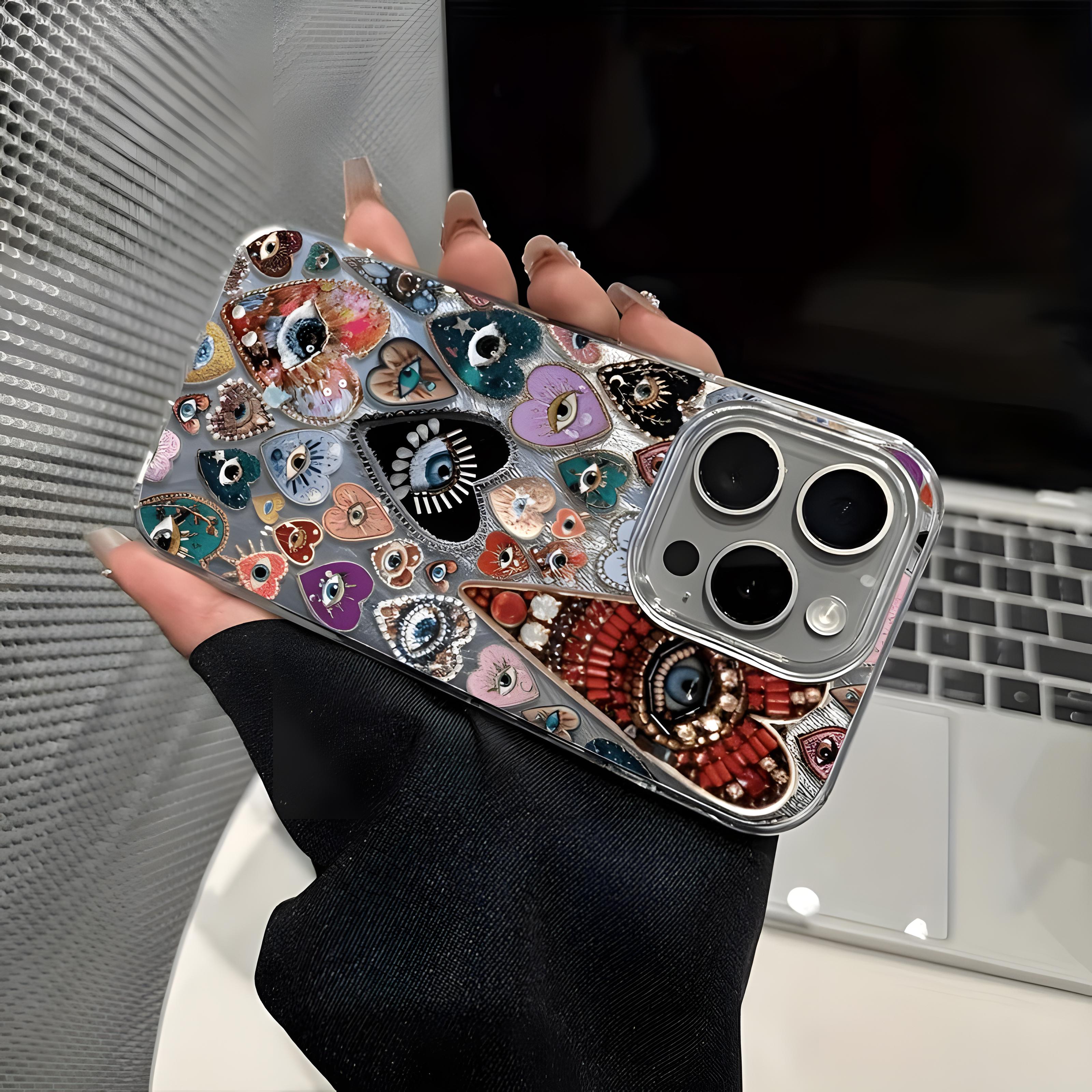 Not 3D Raised Effect,Boho Evil Eye Heart Case for iPhone 17/16/15/14/13/12/11 Pro Max/Pro/Plus/Air Beaded Holographic Shockproof Slim Fit TPU Material Eclectic Art Aesthetic Colorful Cellphone Cover Protection Smartphone Casing, Accessories, Pr,Pum,Hallo.