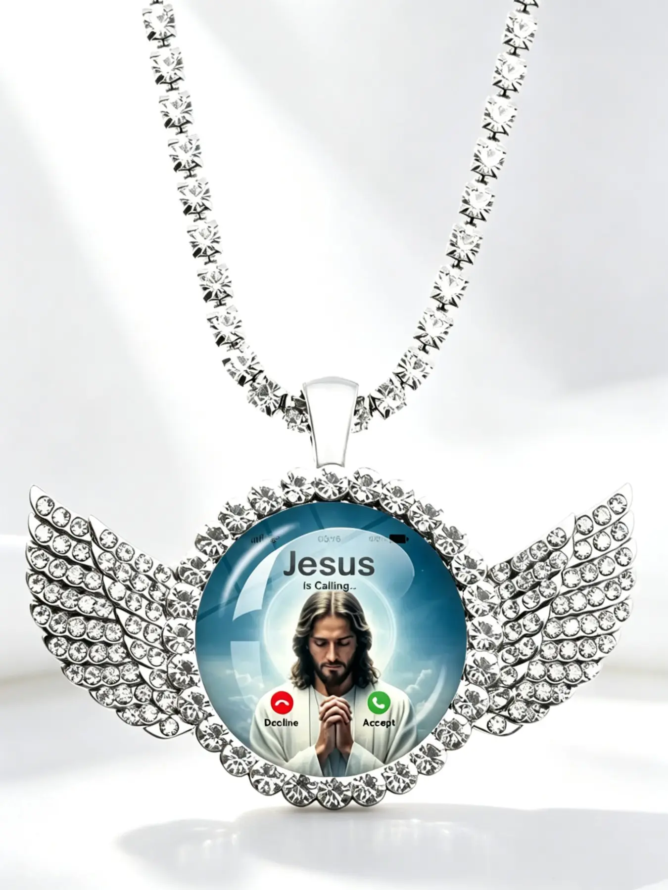 Jesus Calling Angel Wing Necklace, Ice Drill Pendant, Christian Faith Jewelry, Hip Hop Style Shiny Chain, Unisex Wearable