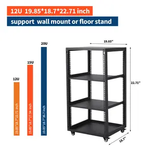 Heavy Duty 12U Open Frame 19 Inch Network Equipment Rack, 1.2mm Thick Steel Floor Standing & Wall Mount AV IT Cabinet with 2 Pack 1U Mounting Shelves, Multi-Purpose Office Server Storage Display Shelf