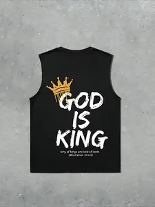Men's King God Letter Print Vest, Loose Fit Street Style, Summer Sleeveless Top, Casual Daily Wear, Sporty Slim-Fitting Shirt