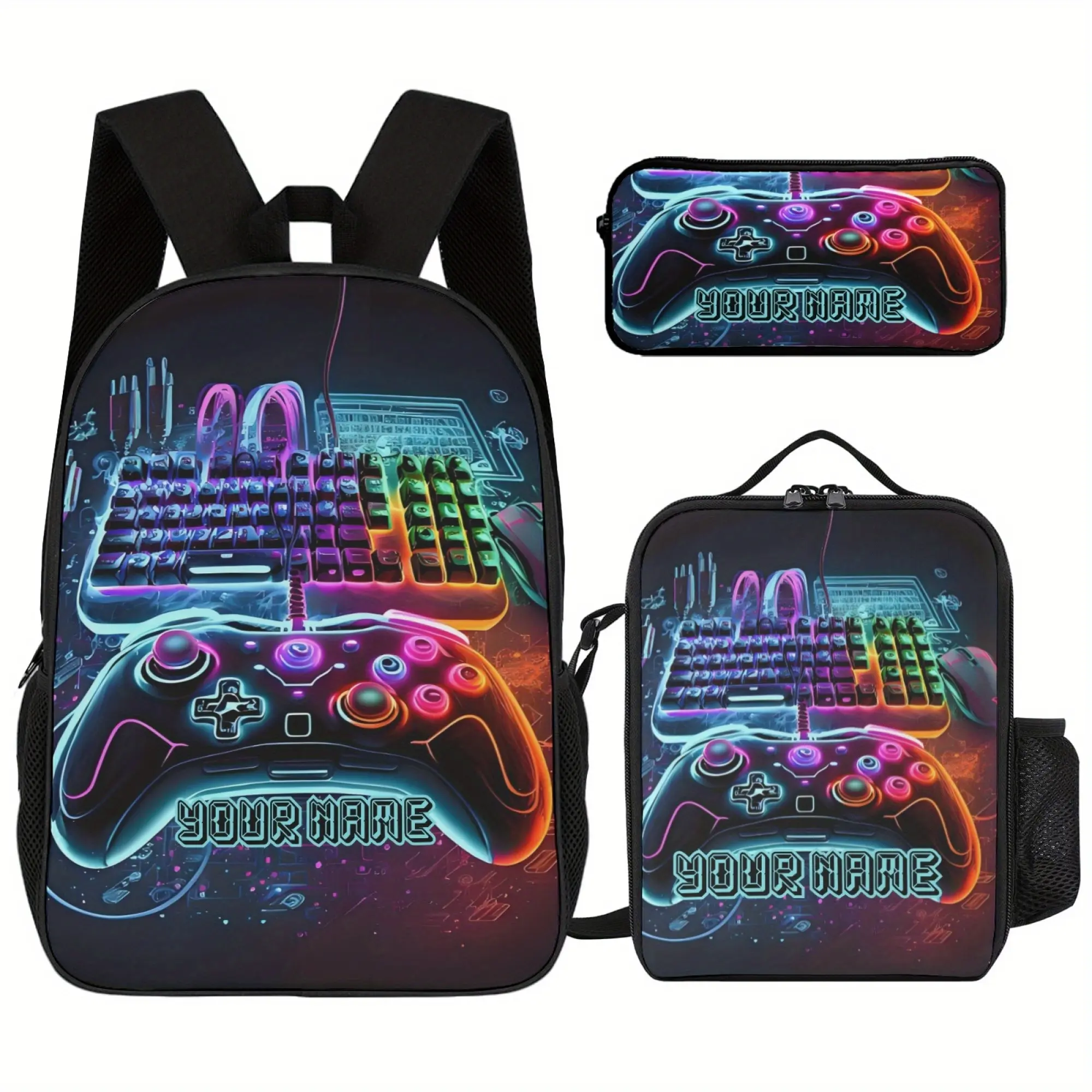 3-Piece Vibrant Neon Gaming Keyboard & Controller Pattern Backpack Bundle - Adjustable Strap, Multi-Compartment, Water-Resistant School/Dayuse Set Including Backpacks for School, Lunch Bag, Pencil Case for Teens