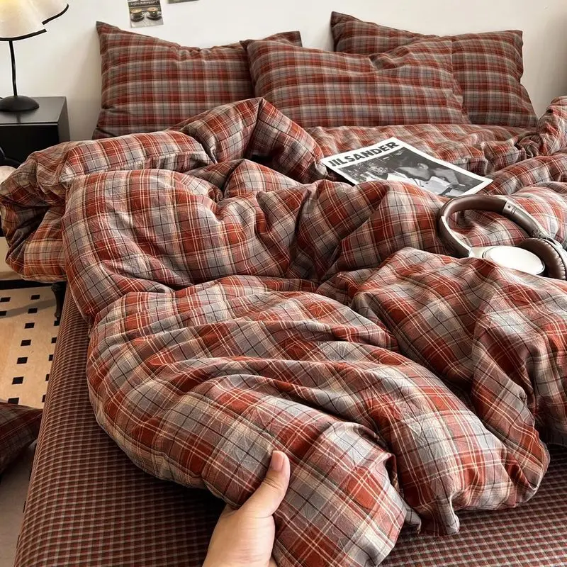 Brown Plaid Duvet Cover Set Queen, 3 Piece Washed Cotton Bedding Set, Soft Checkered Comforter Cover with Pillowcases, Vintage Farmhouse Style Bedroom Decor