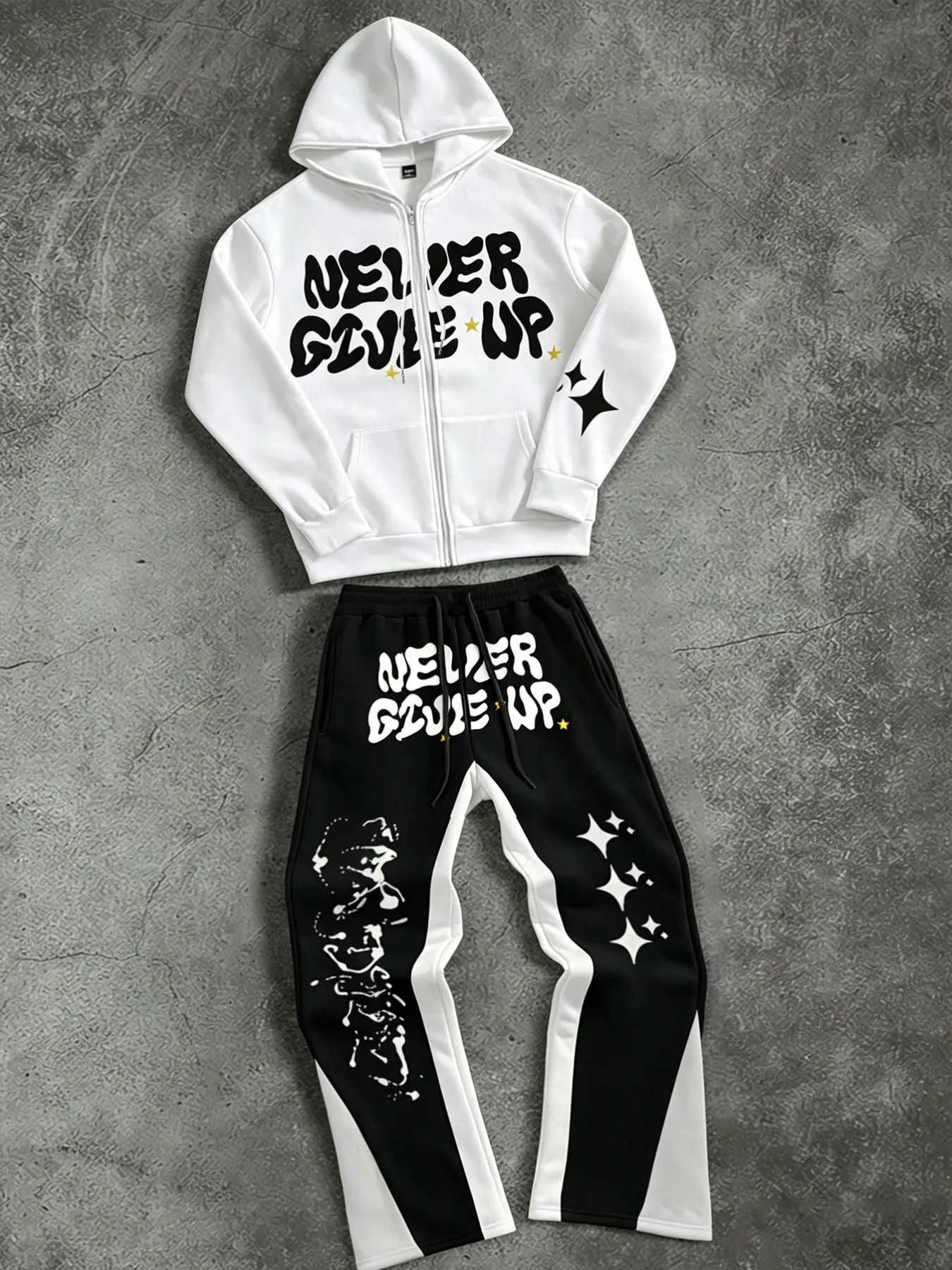 Hip Hop Casual Men Tracksuit Set, Activewear Tracksuits, Long Sleeve Zip Hoodie with Sleek Star Graphic Decoration, Contrast Panel Printed Sweatpants, Wrinkle-resistant Stretchy Fabric Loungewear Sweatsuit Suitable for Gym Workout, Travel, Home Relaxation