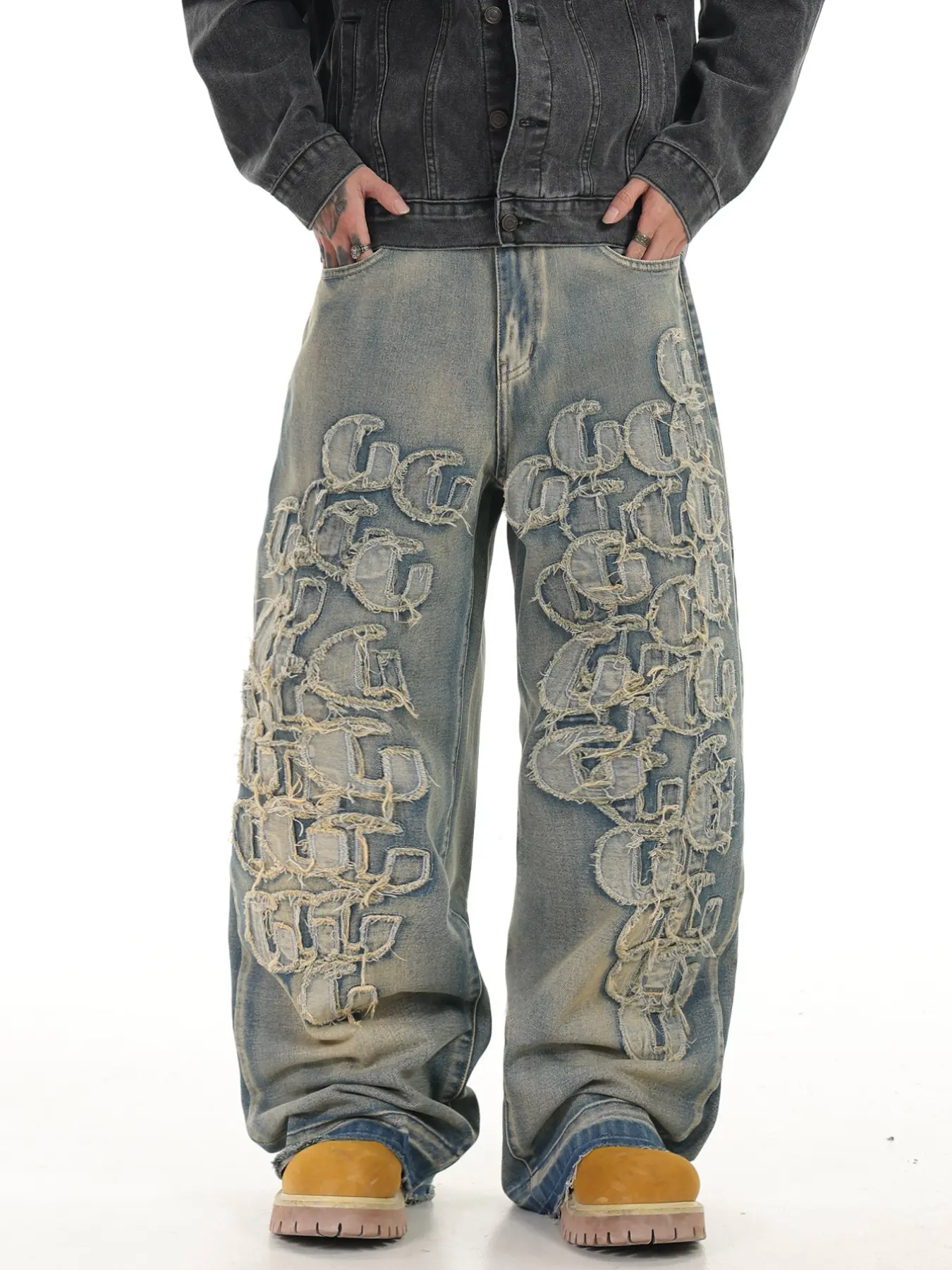 Men's Vintage Washed Denim Jeans, Letter Patchwork Embroidery Straight Leg Wide Leg Jeans, Y2K Streetwear Fashion Loose Fit Long Pants, Letter Embroidered Jeans