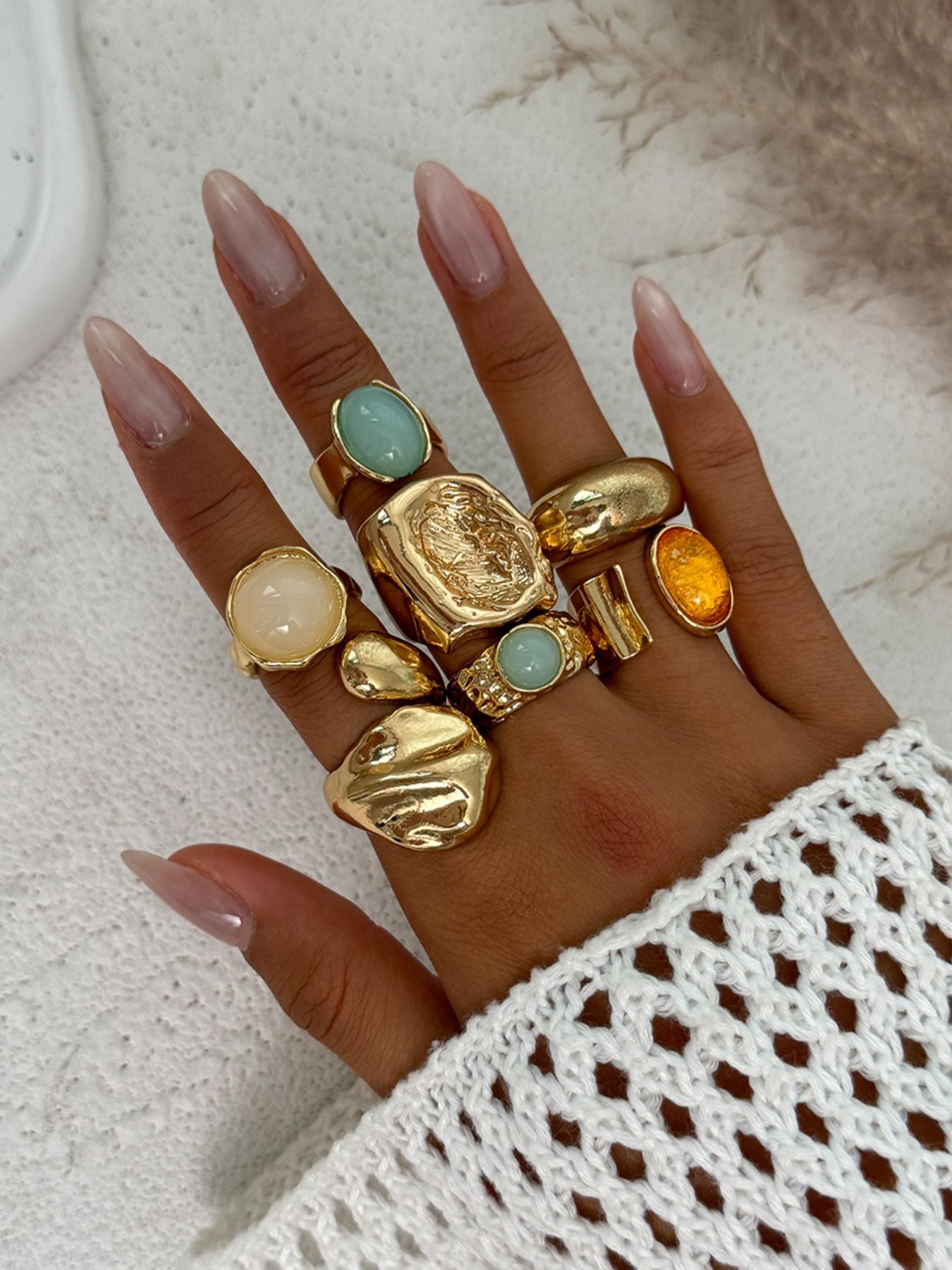 7 Pieces Women's Vintage Fashion Geometric Design Ring Set, Bold Metal Rings, Perfect for Daily Wear & Party, Jewelry Gifts