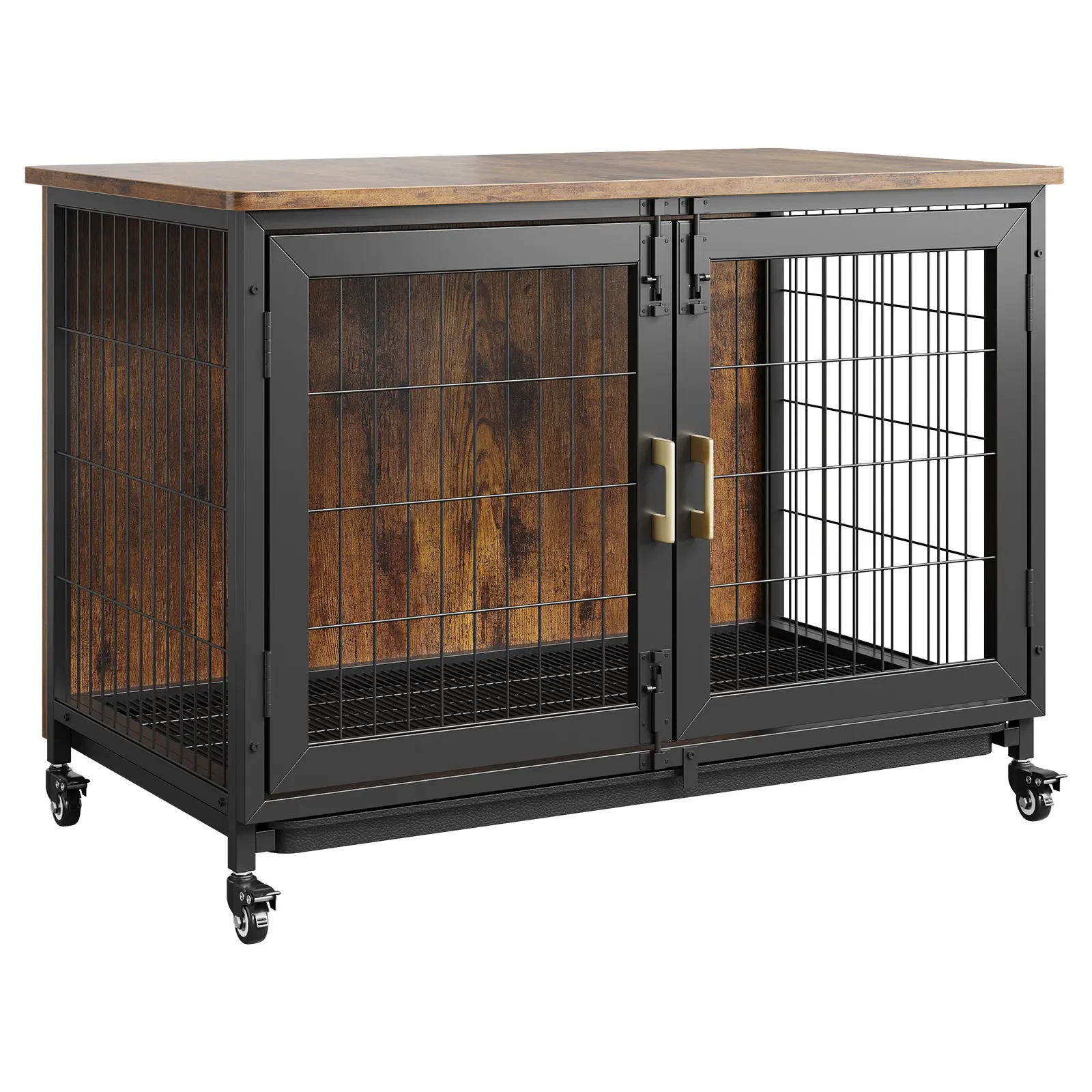 Heavy Duty Dog Crate 38" – Chew-Proof Steel/Wood Frame, Locking Wheels & Storage – End Table/Coffee Table for Small/Medium Dogs