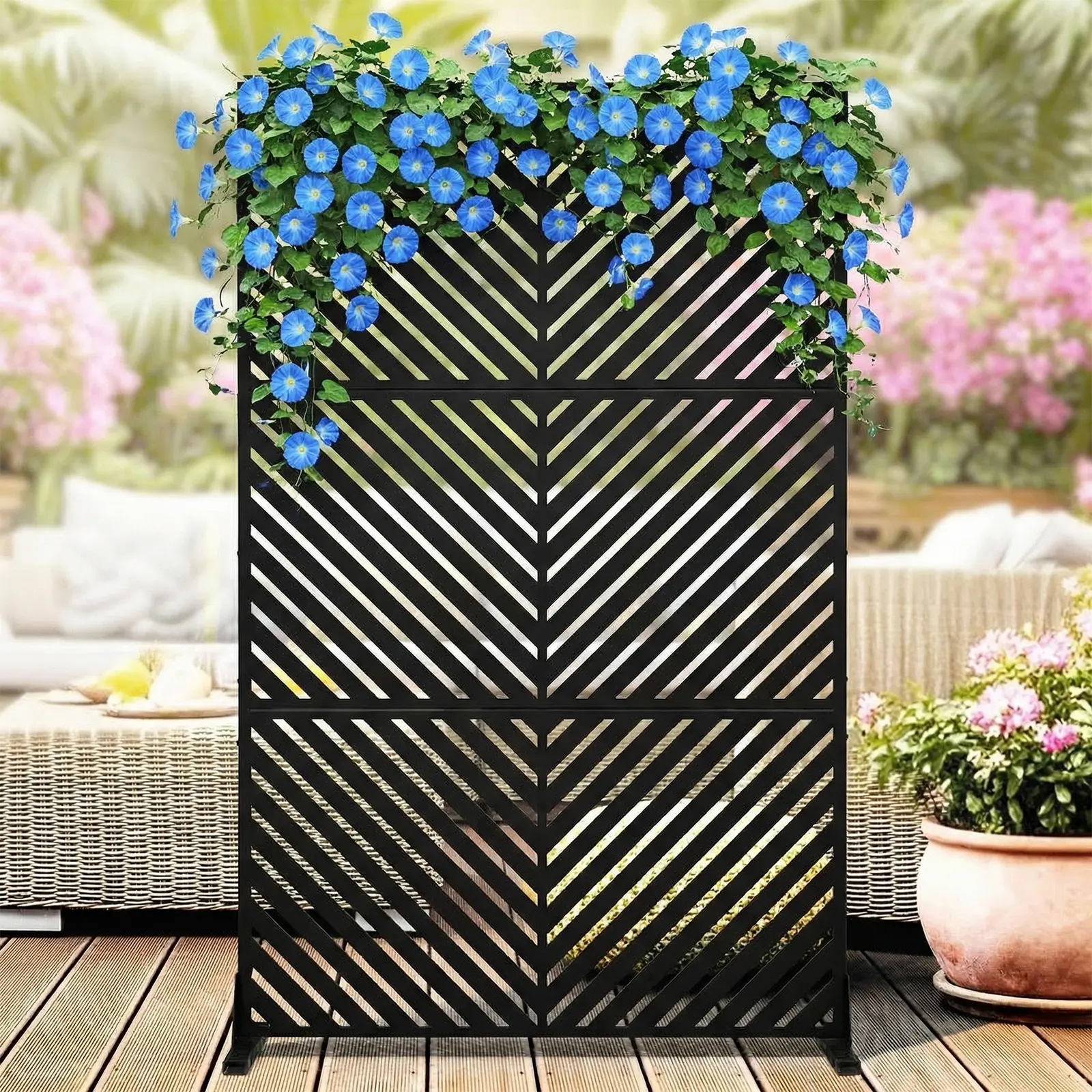 78"x48" Metal Privacy Screen, Freestanding Outdoor Decorative Panel with Stable Base, Rustproof Steel Fence for Patio Balcony & Deck