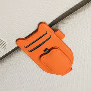 Sunglasses Holder for  Visor,  Leather Glasses Eyeglass Clip, With Ticket and Pen Clip (Orange)