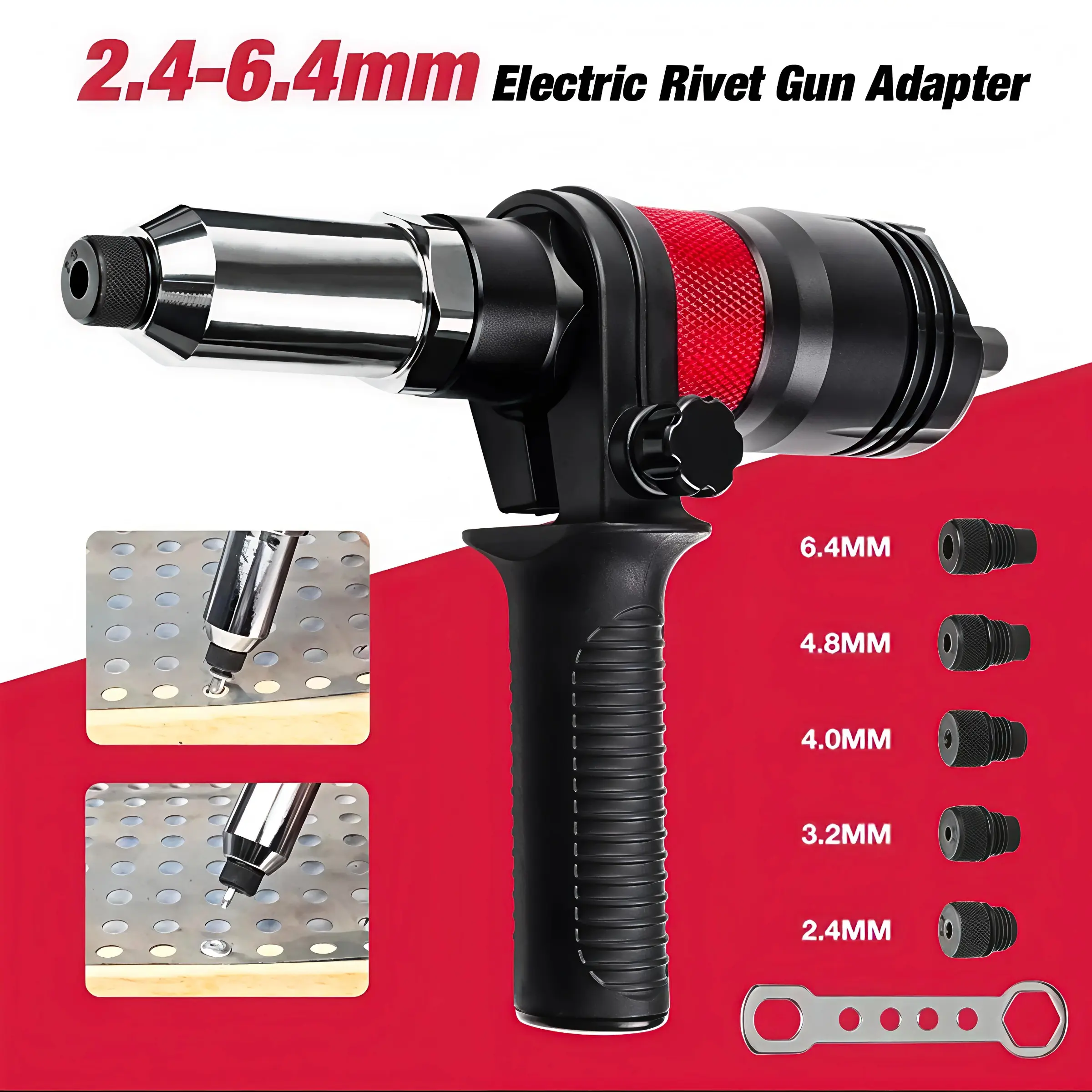Electric Rivet Gun Adapter for Drill, 2.4-6.4mm 5 Sizes Rivet Heads, High Carbon Steel Drill Riveting Converter with Auxiliary Handle & Wrench, Labor Saving Pop Rivet Tool Attachment for Electric Drill