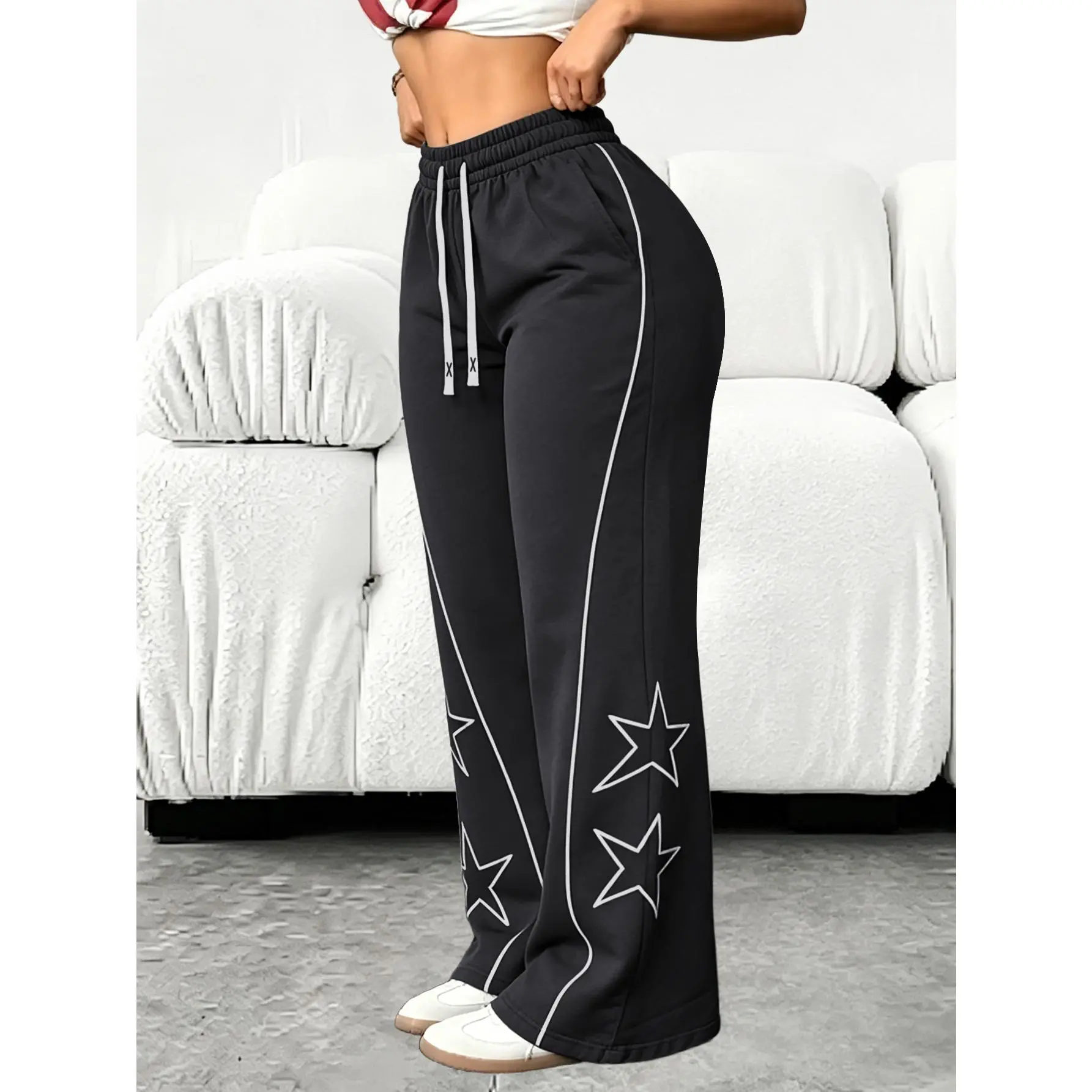 Women's Full-Length Star Embroidery Sports Joggers, Elastic Drawstring Waist, Female Stylish Clothes, Customizable Multi-Size Outdoor Wear for Spring-Autumn Casual Daily Use, Long Trousers