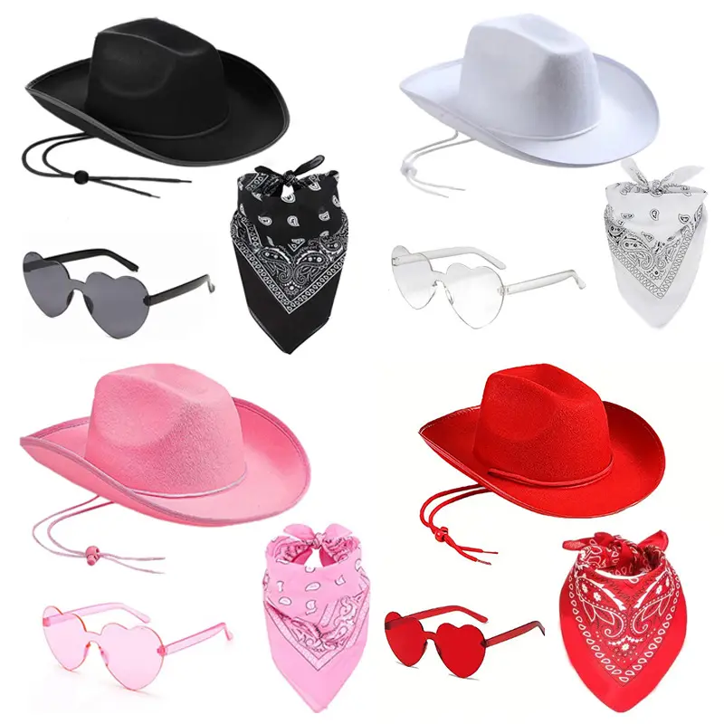 Unisex 3-Pieces Western Cowboy Costume Set - Trimmed Structured Felt Hat, Paisley Heart Sunglasses, Cosplay Dress Up Accessories for Adults, Party Props (Sports & Outdoor Clothing Set), Unisex Set