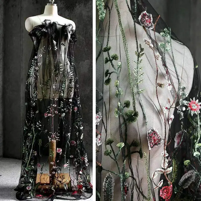 1PC Black Sheer Tulle Fabric With Vintage Wild Botanical Flower Embroidery, Sparkly Sequined Gothic Garden Mesh Cloth, DIY Sewing Material For Dark Evening Gown, Goth Cosplay, Photoshoot Backdrop & Formal Party Dress