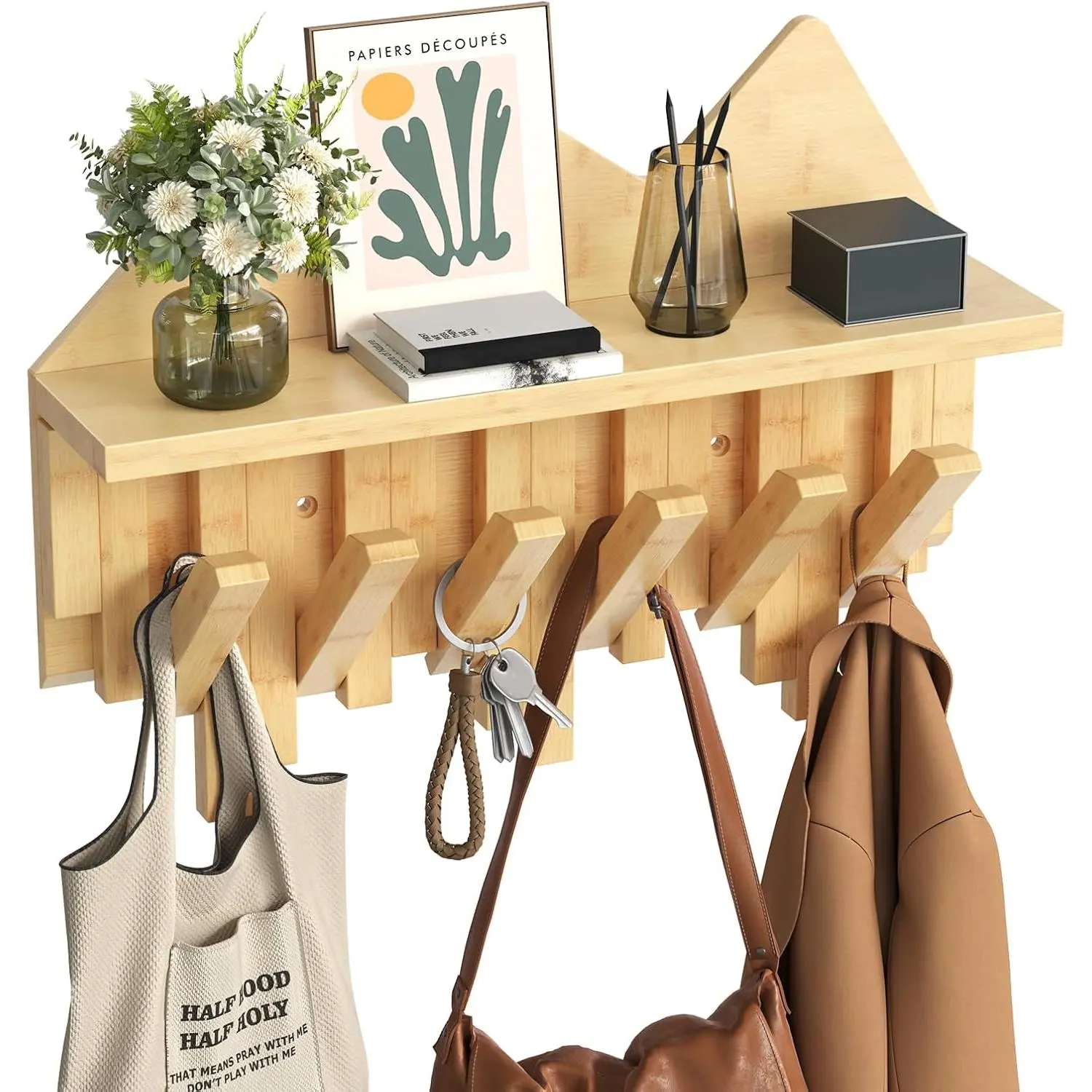 Wall Hooks with Shelf, Coat Rack with Shelf Wall-Mounted, Entryway Wall Key Holder, Hat Rack for Walls, Purse Hanger for Wall, Entryway  Shelf with 6 Retractable Pegs,  YL46YM01