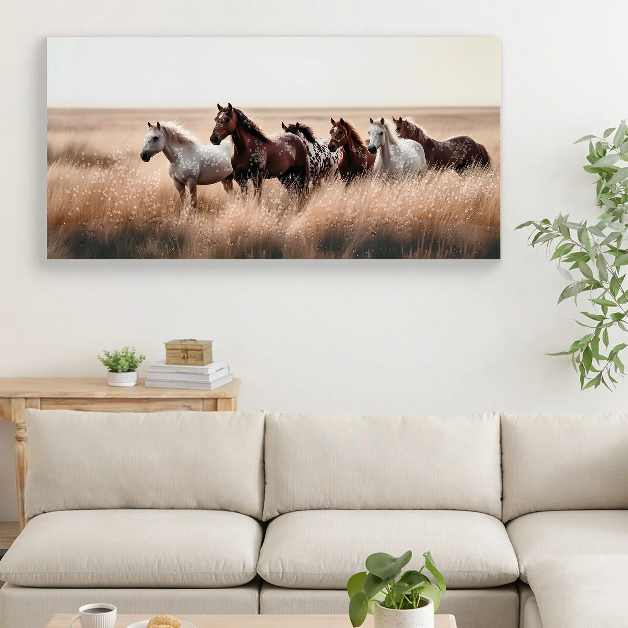 Lightweight Artistic 40x20 in 1-Piece Rustic Horse Group Wall Art Print, Western Farm Equine Canvas Decoration with Grassland Landscape, Wipe-Clean Farmhouse Home Decor for Living Room Bedroom